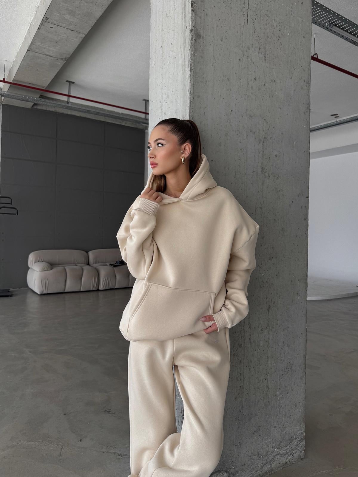 OW Kapüşonlu Oversize Bej Hoodie