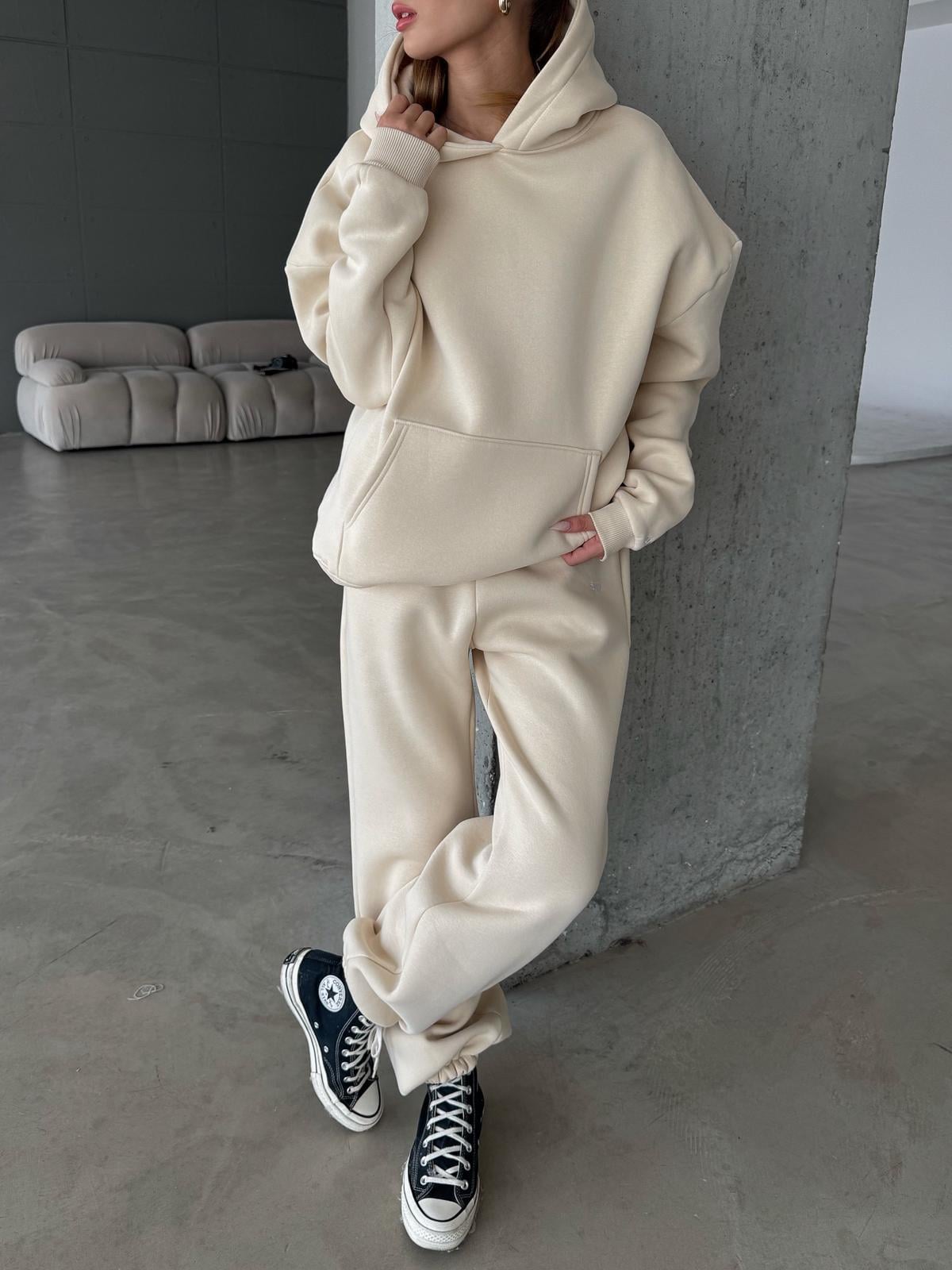 OW Kapüşonlu Oversize Bej Hoodie