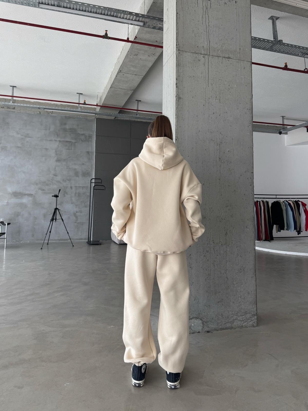 OW Kapüşonlu Oversize Bej Hoodie