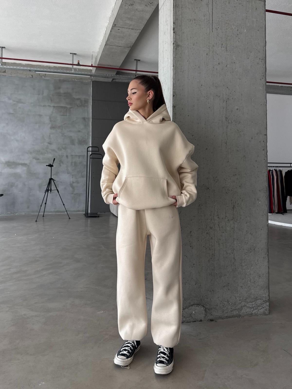 OW Kapüşonlu Oversize Bej Hoodie