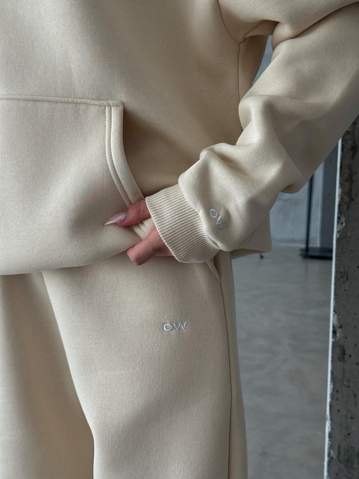 OW Kapüşonlu Oversize Bej Hoodie