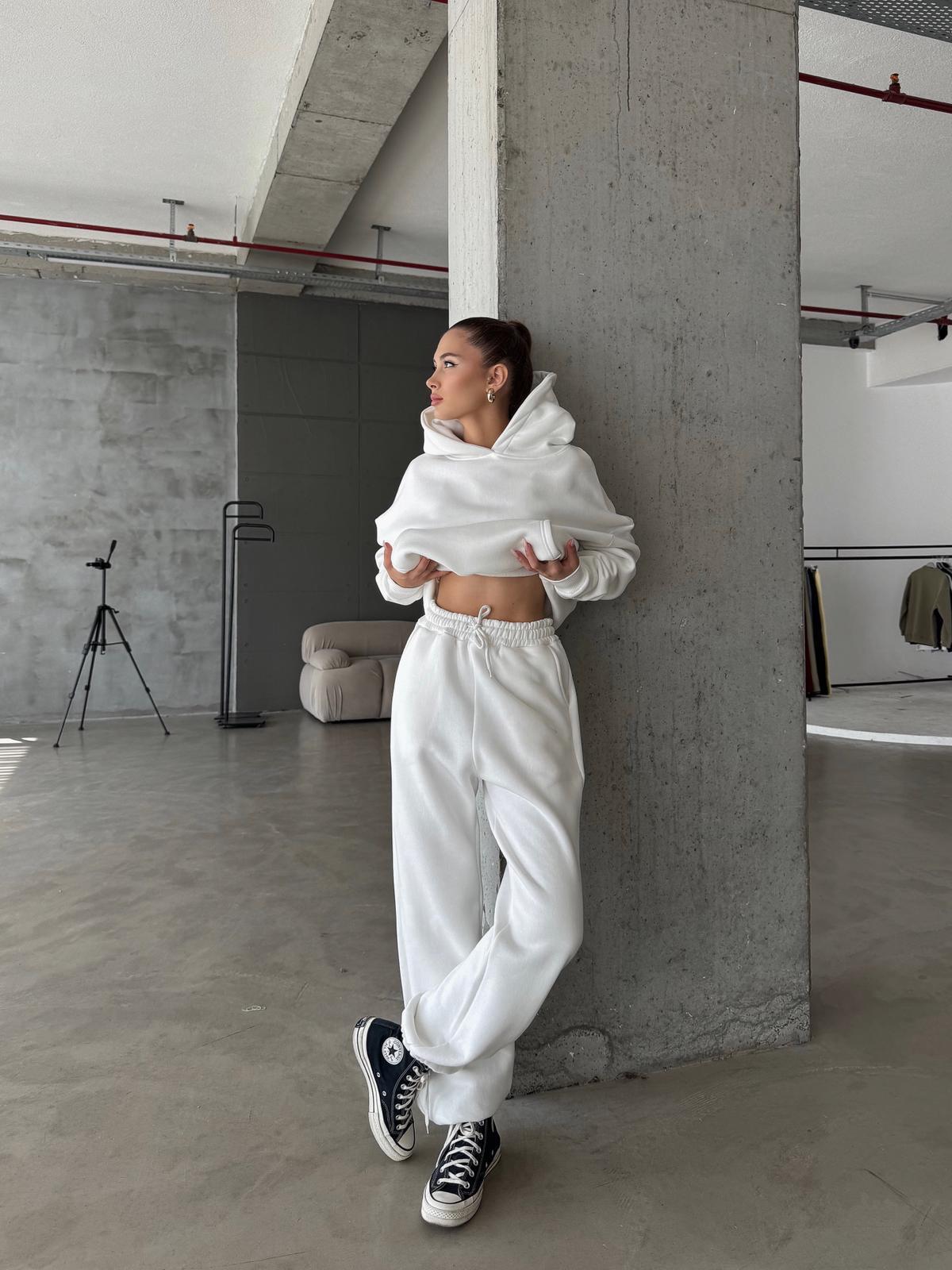 OW Kapüşonlu Oversize Beyaz Eşofman Takımı