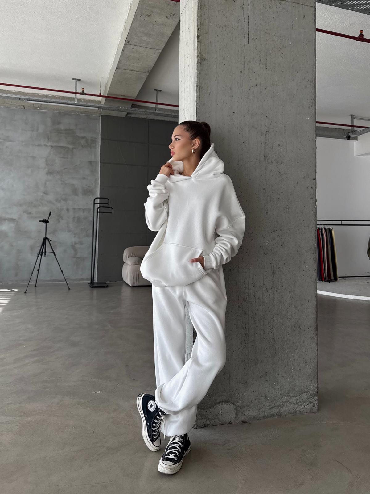 OW Kapüşonlu Oversize Beyaz Eşofman Takımı