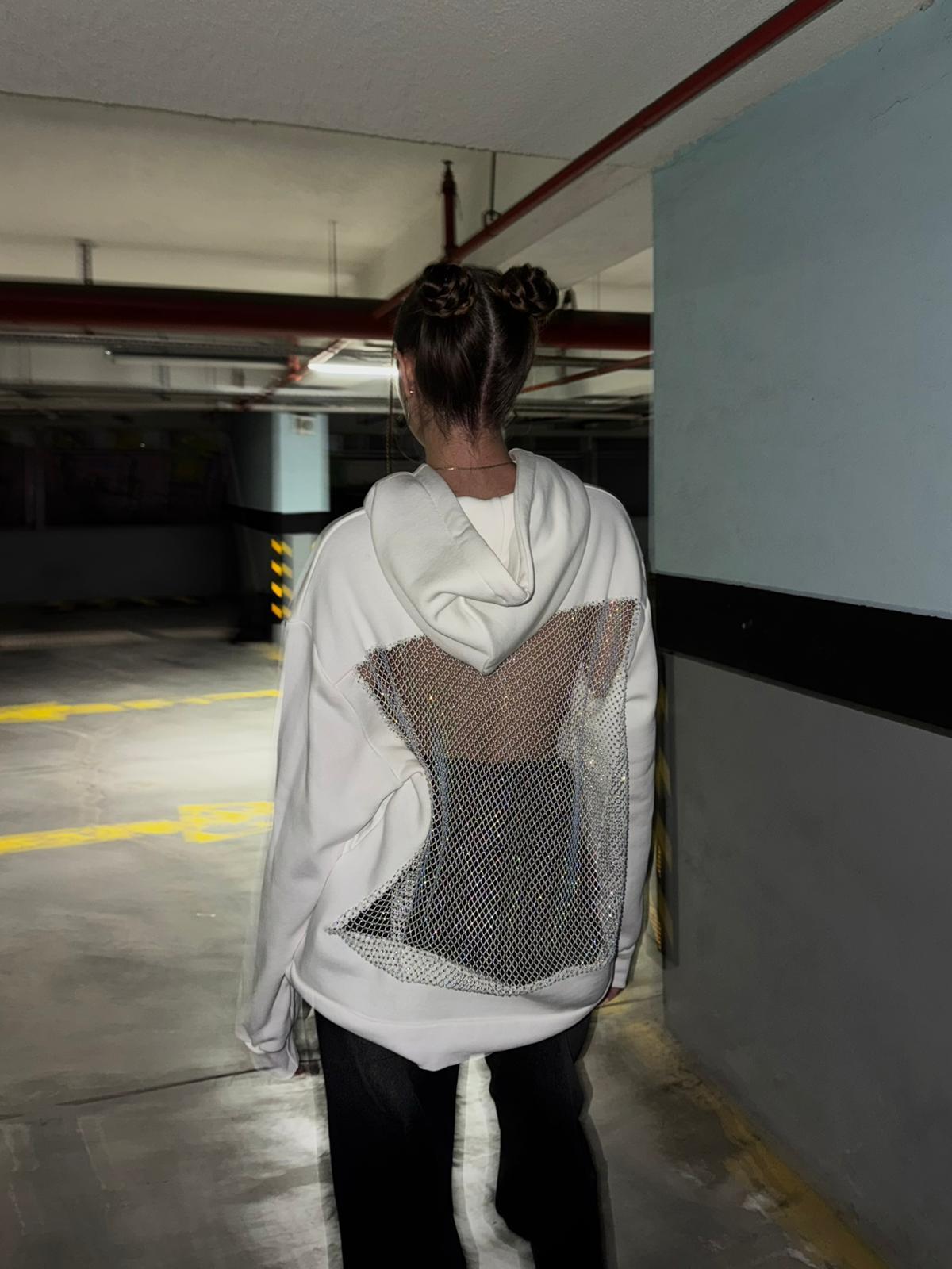 OW Kapüşonlu Oversize Beyaz  Sırt Taş Detay  Sweatshirt   