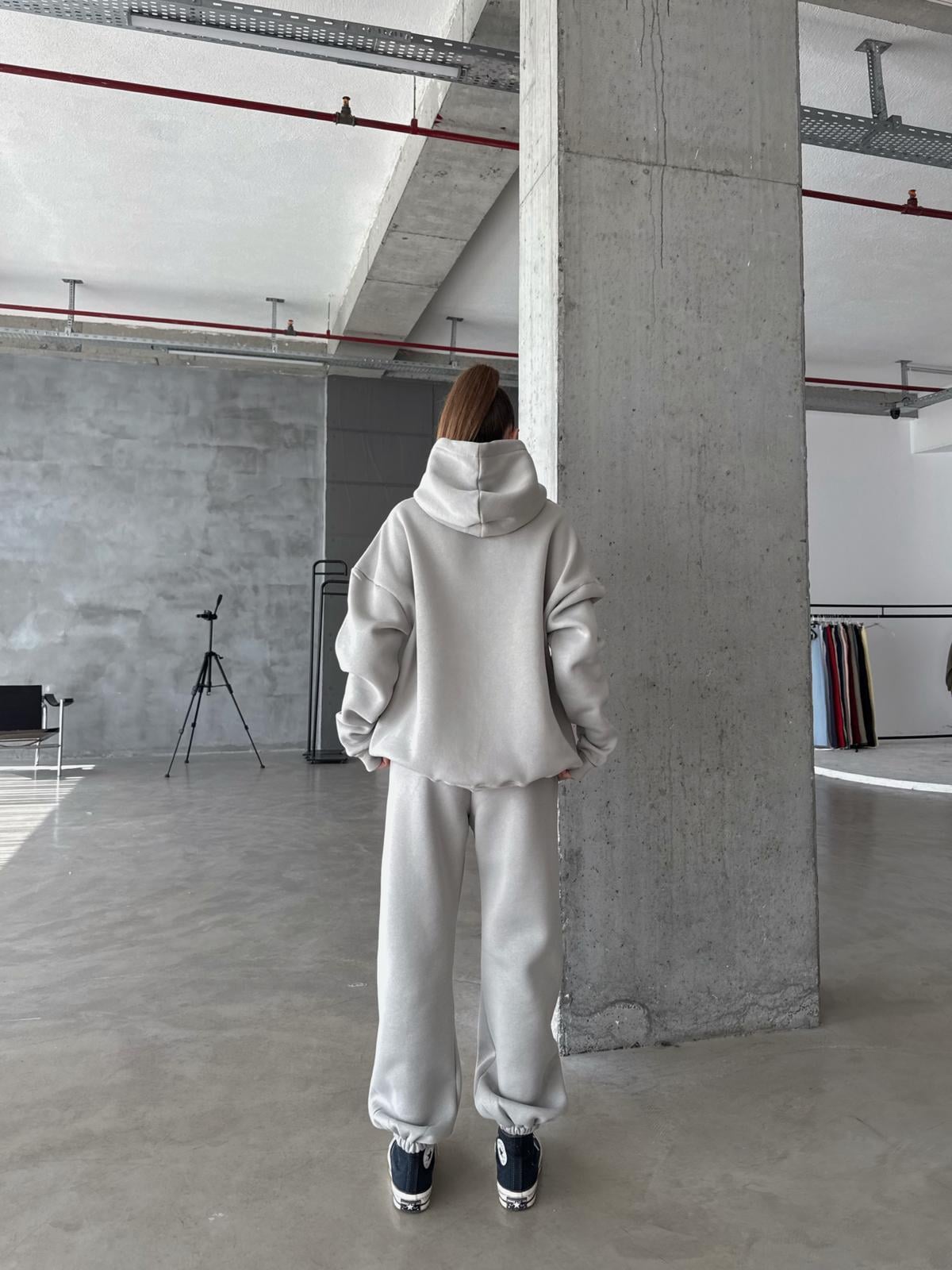OW Kapüşonlu Oversize Gri Hoodie