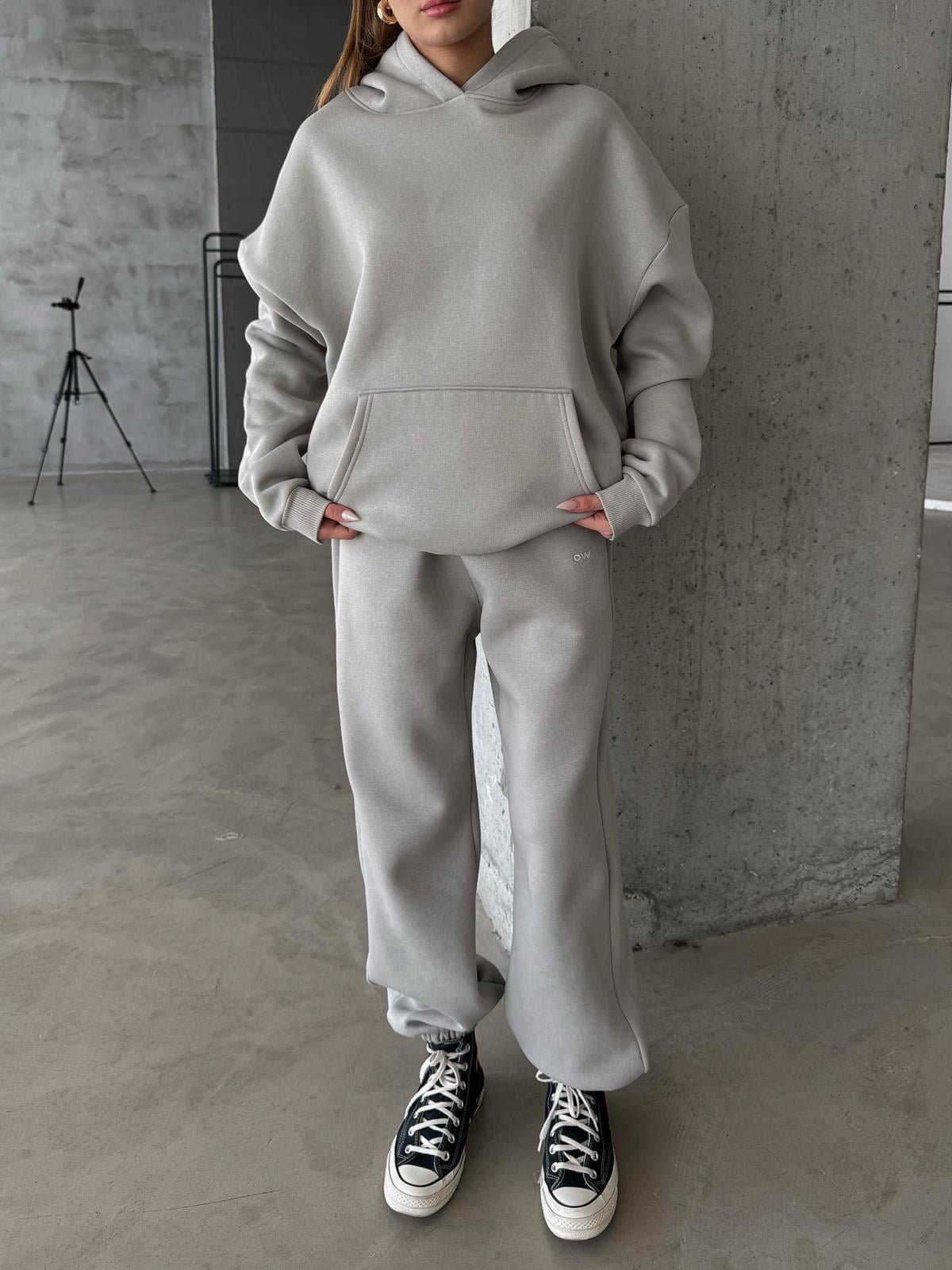 OW Kapüşonlu Oversize Gri Hoodie
