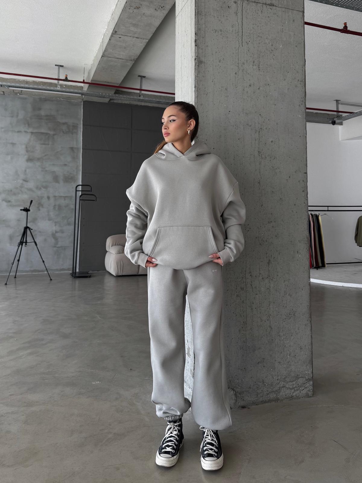 OW Kapüşonlu Oversize Gri Hoodie