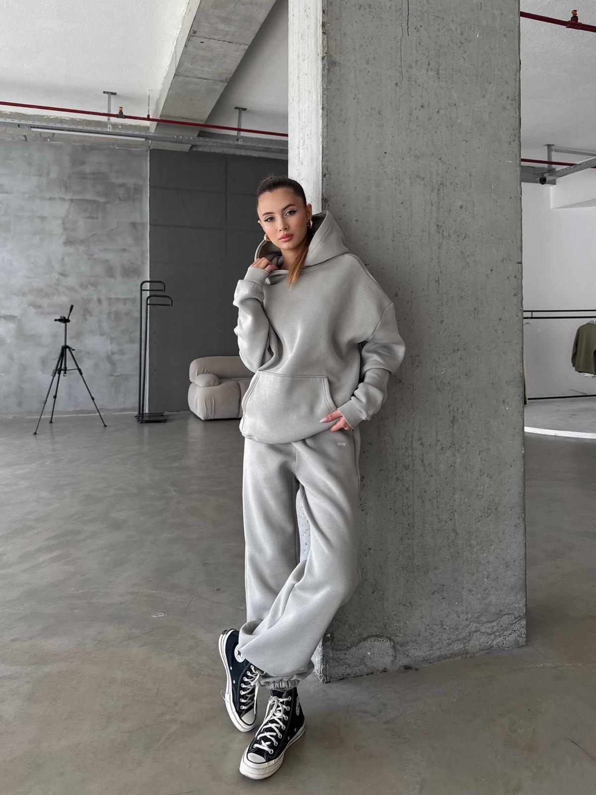 OW Kapüşonlu Oversize Gri Hoodie