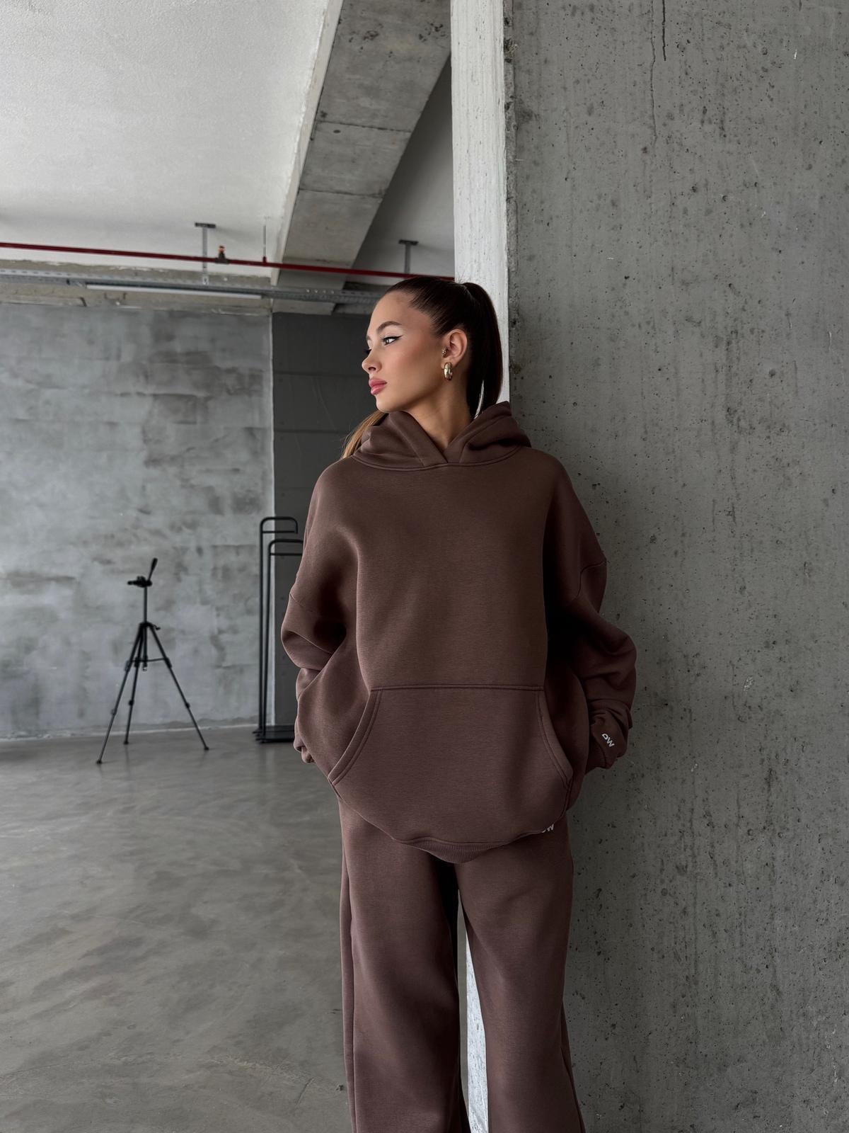 OW Kapüşonlu Oversize Kahve Hoodie