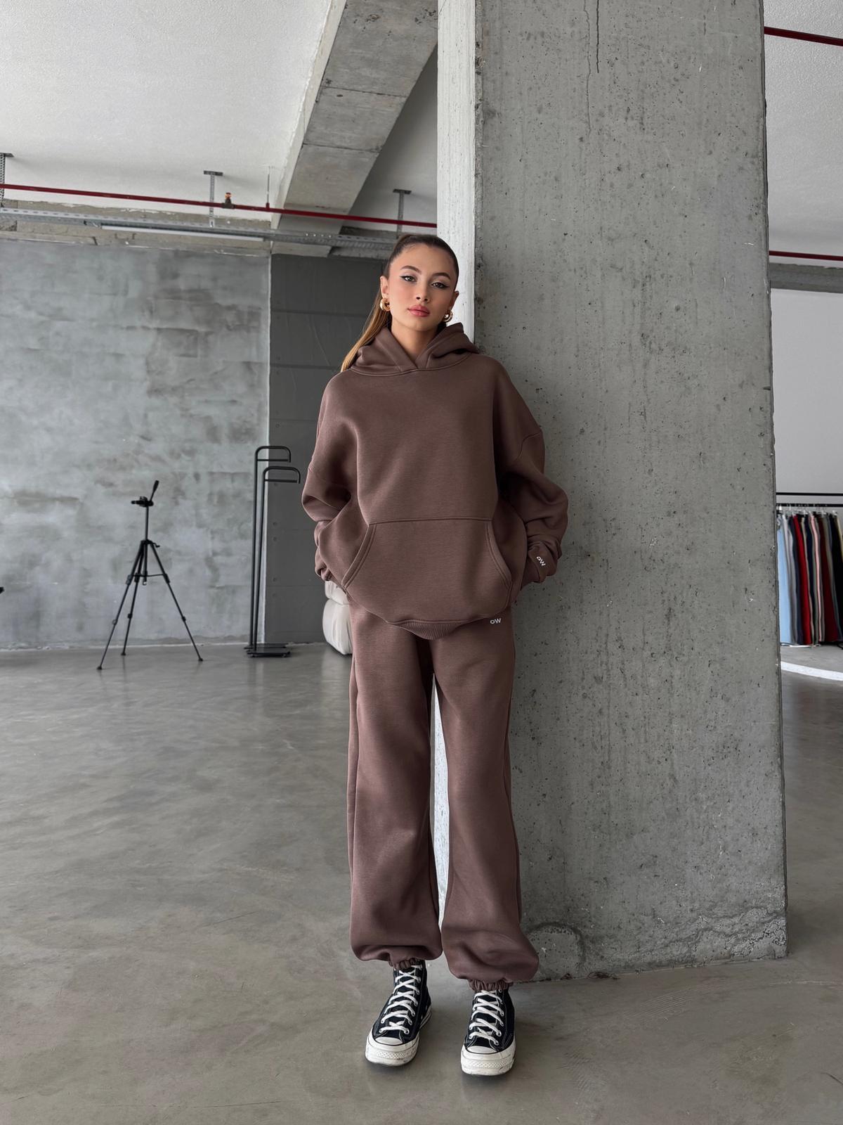 OW Kapüşonlu Oversize Kahve Hoodie