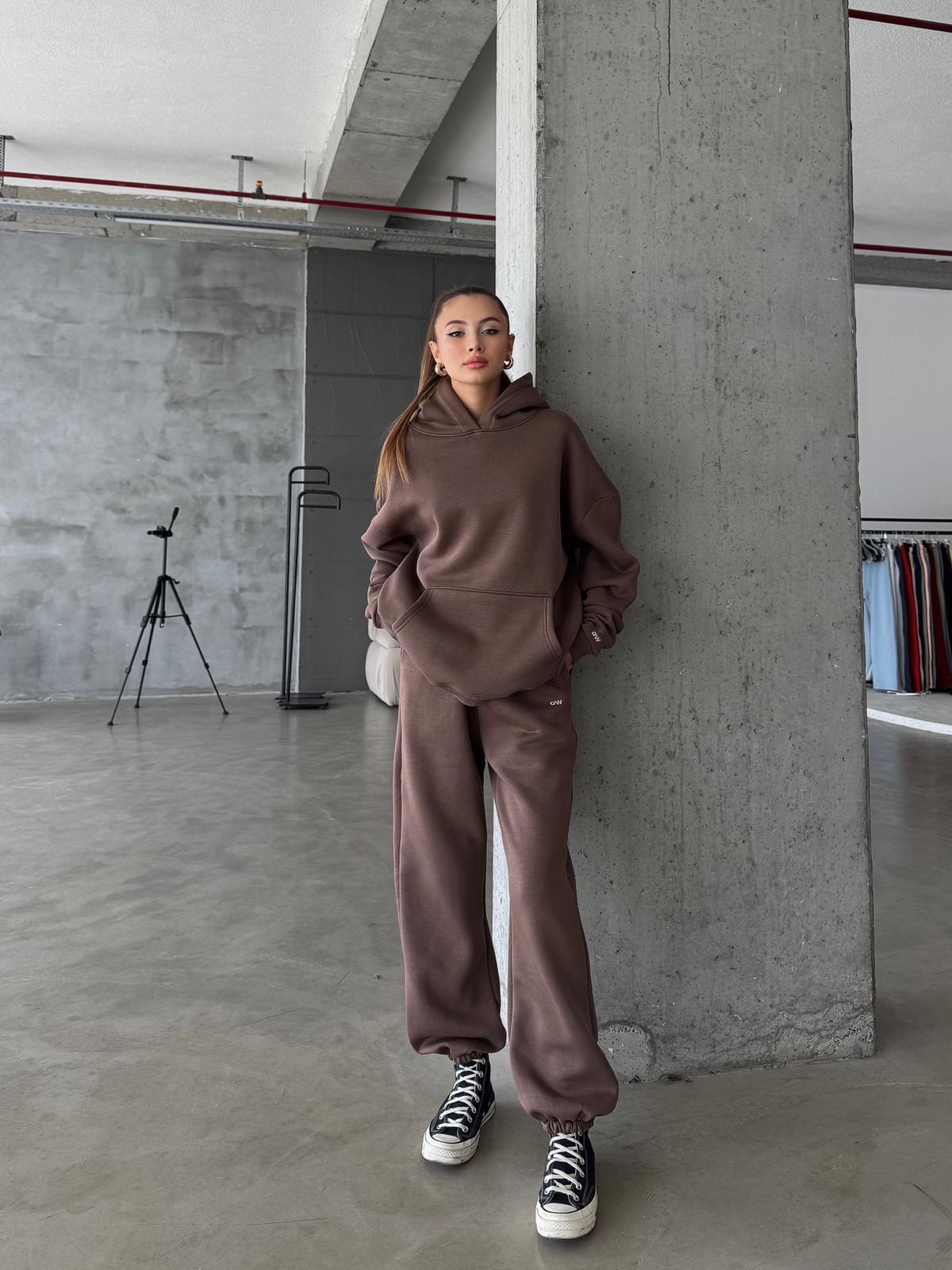 OW Kapüşonlu Oversize Kahve Hoodie