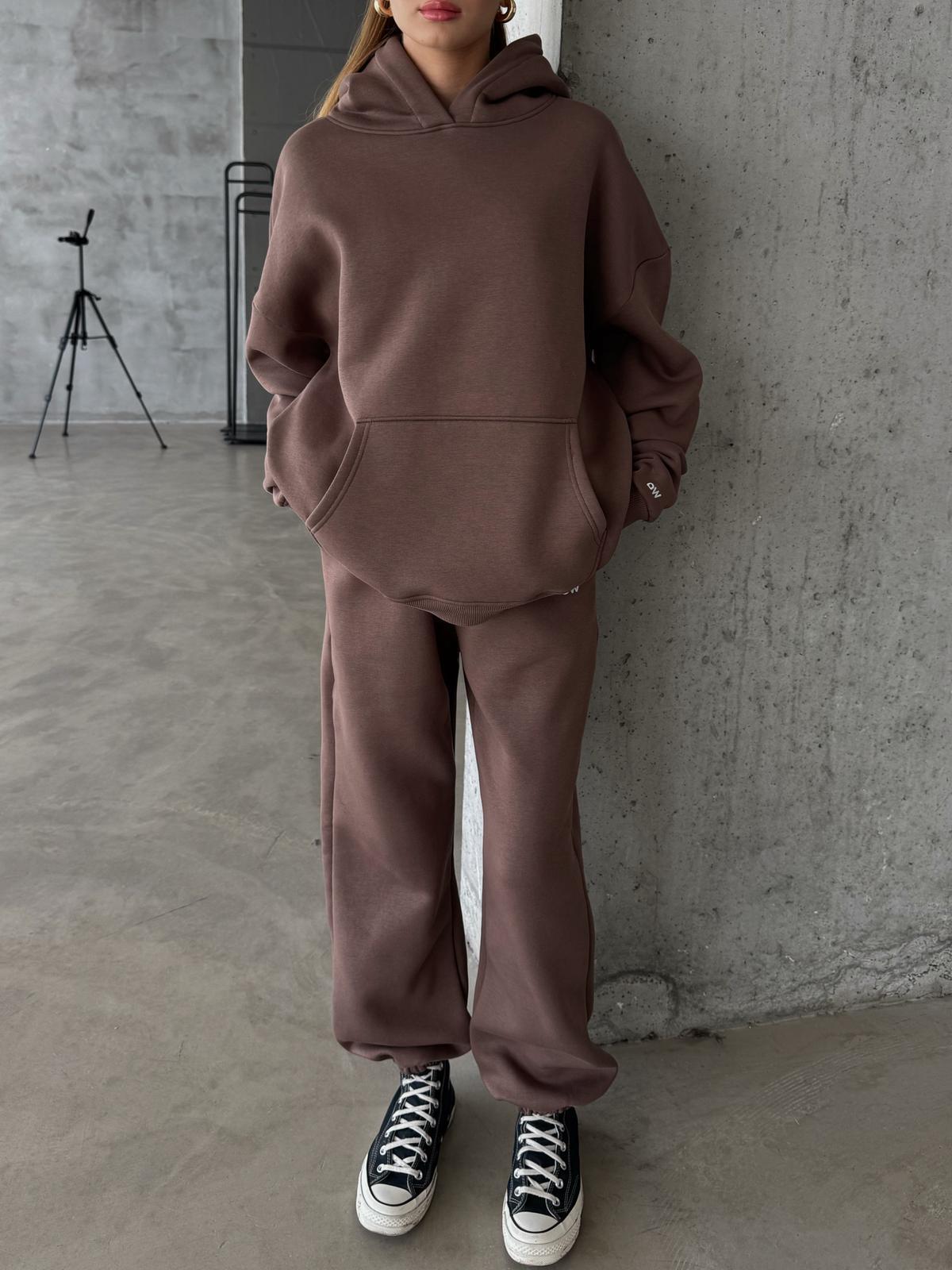 OW Kapüşonlu Oversize Kahve Hoodie