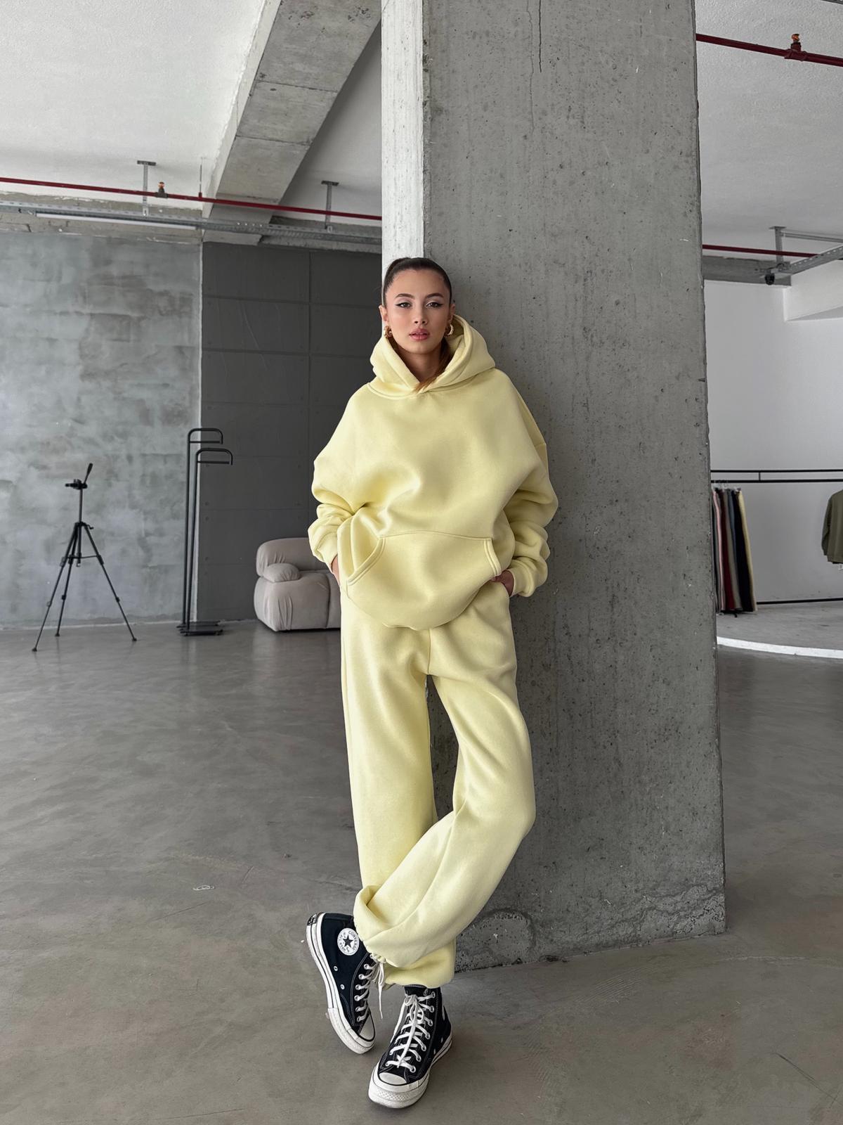 OW Kapüşonlu Oversize Sarı Hoodie