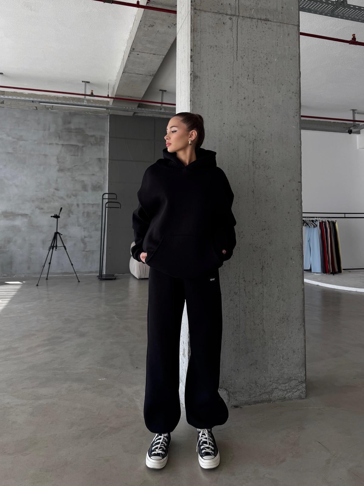 OW Kapüşonlu Oversize Siyah Eşofman Takımı