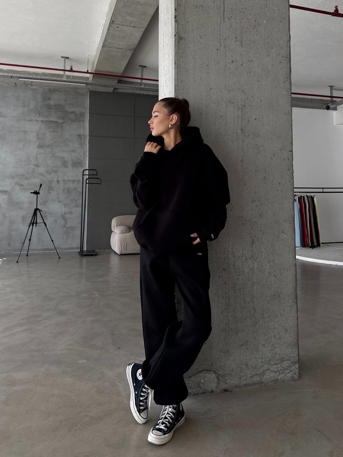 OW Kapüşonlu Oversize Siyah Hoodie