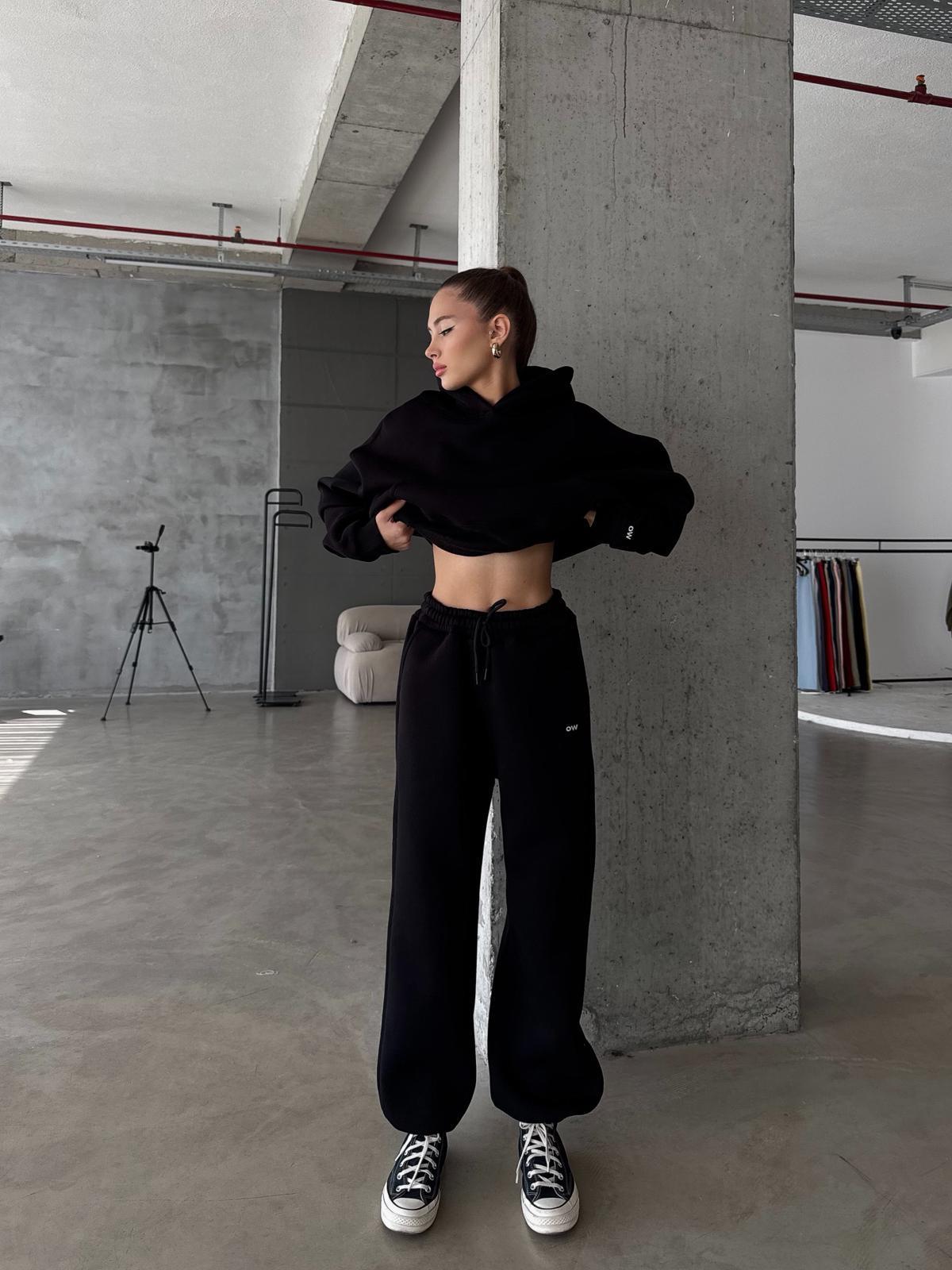OW Kapüşonlu Oversize Siyah Hoodie