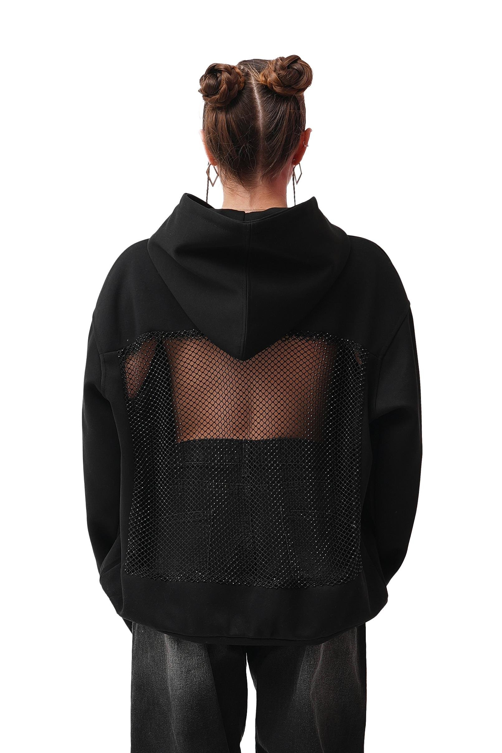 Ow Kapüşonlu Oversize Siyah  Sırt Detay  Sweatshirt   