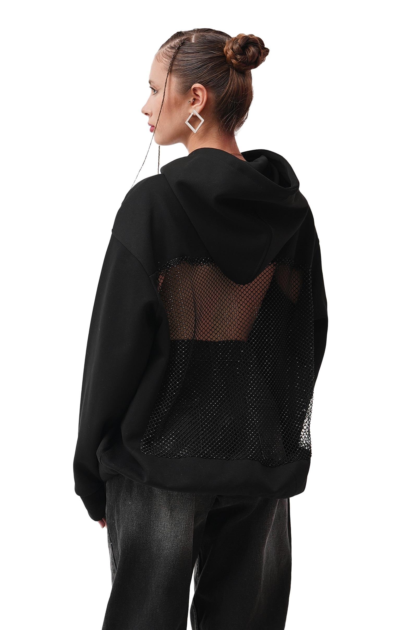 Ow Kapüşonlu Oversize Siyah  Sırt Detay  Sweatshirt   