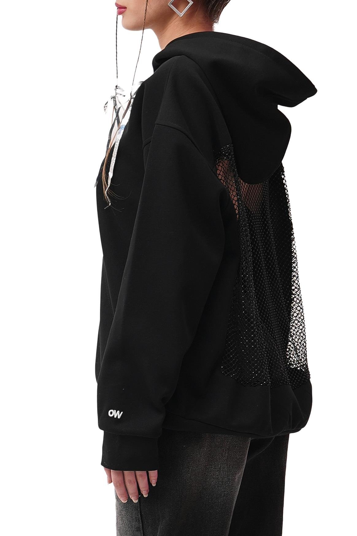 Ow Kapüşonlu Oversize Siyah  Sırt Detay  Sweatshirt   