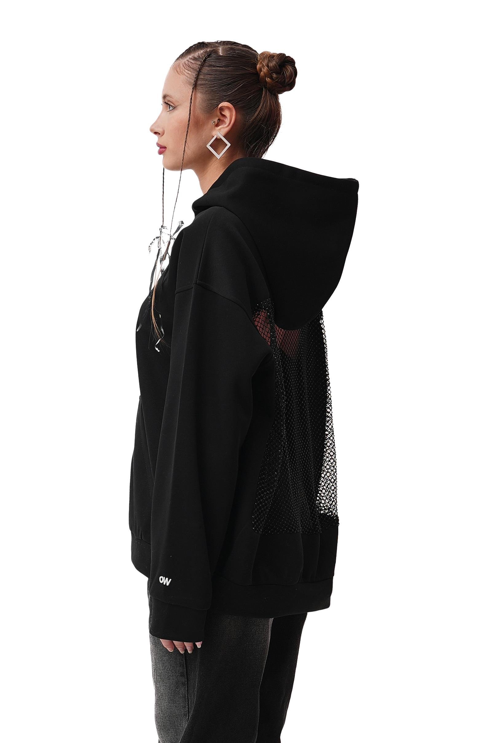 Ow Kapüşonlu Oversize Siyah  Sırt Detay  Sweatshirt   