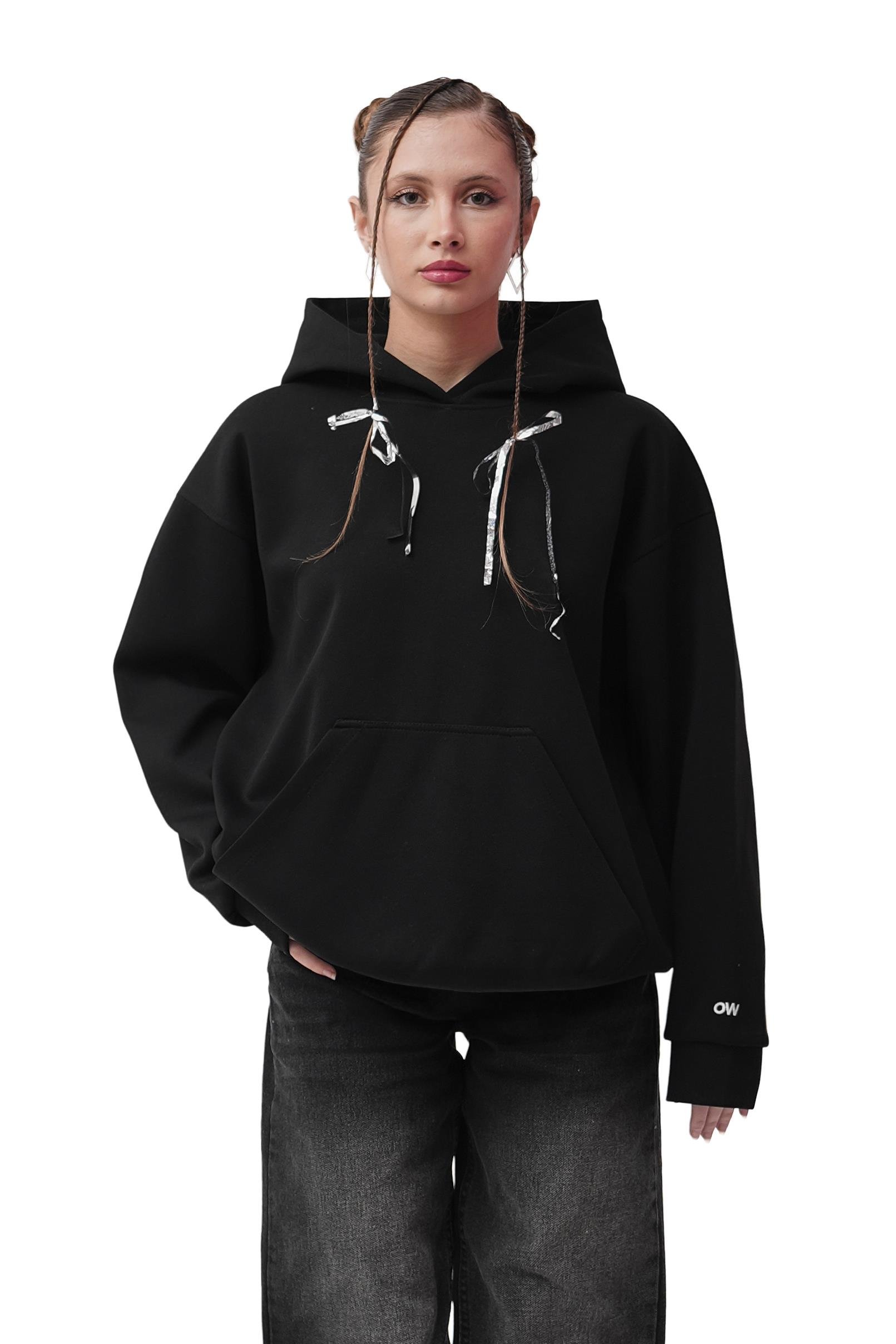 Ow Kapüşonlu Oversize Siyah  Sırt Detay  Sweatshirt   