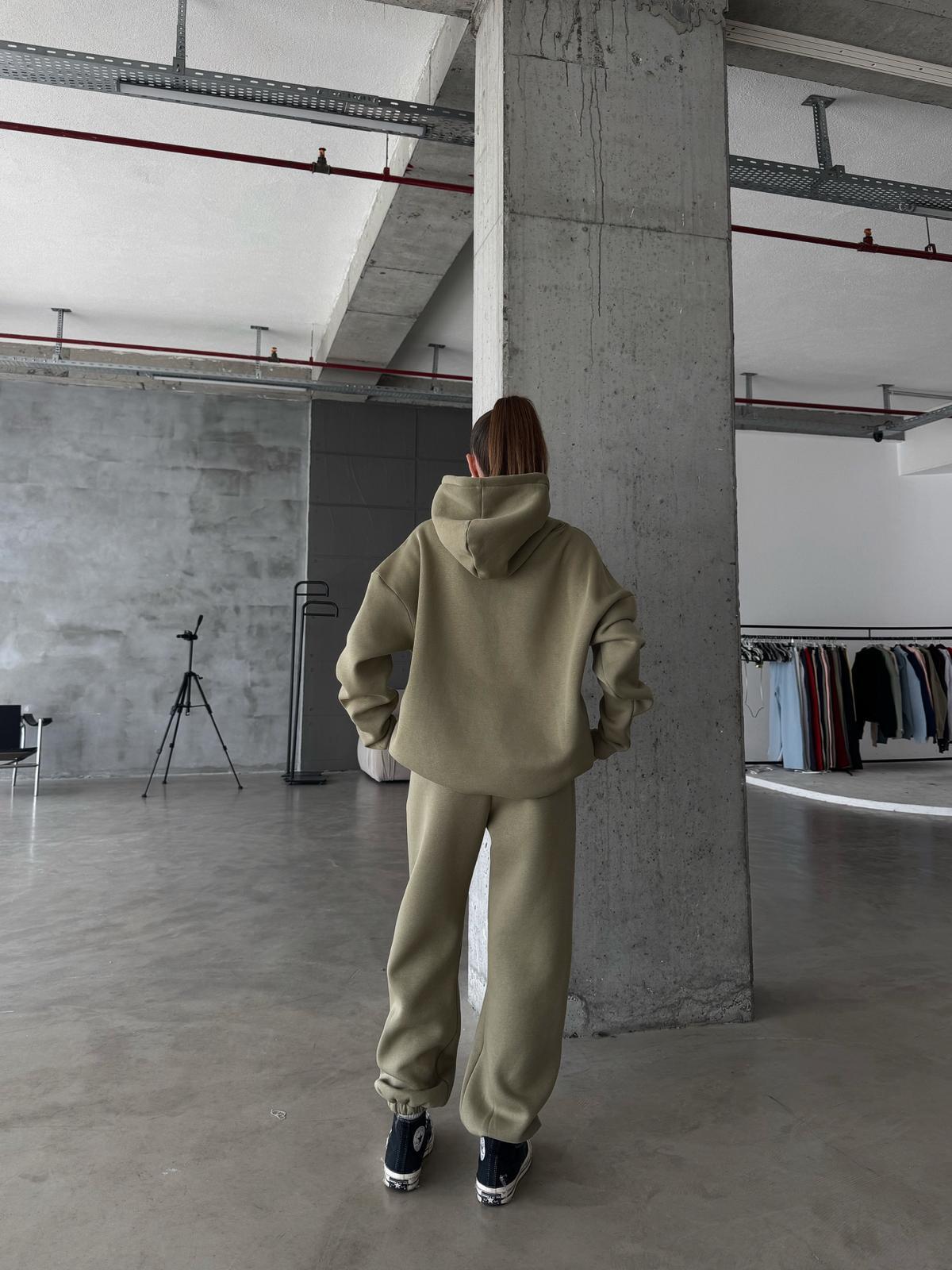 OW Kapüşonlu Oversize Yağ Yeşili Hoodie