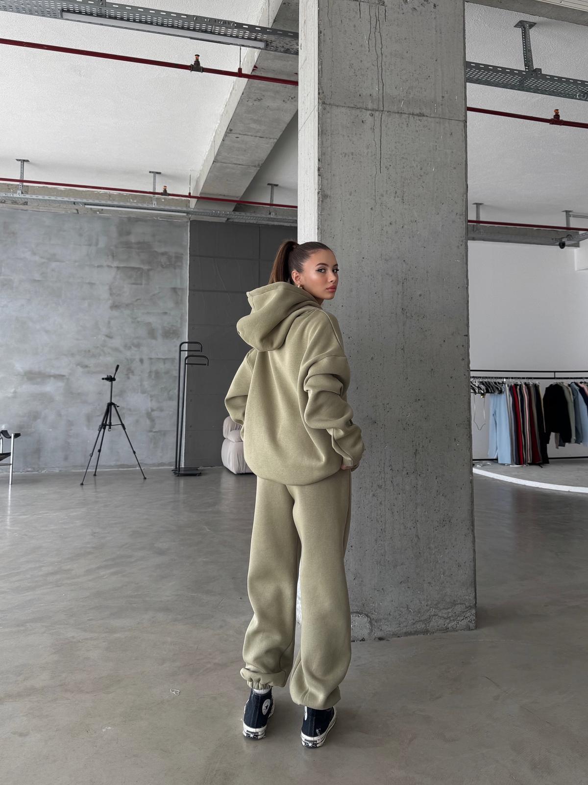 OW Kapüşonlu Oversize Yağ Yeşili Hoodie