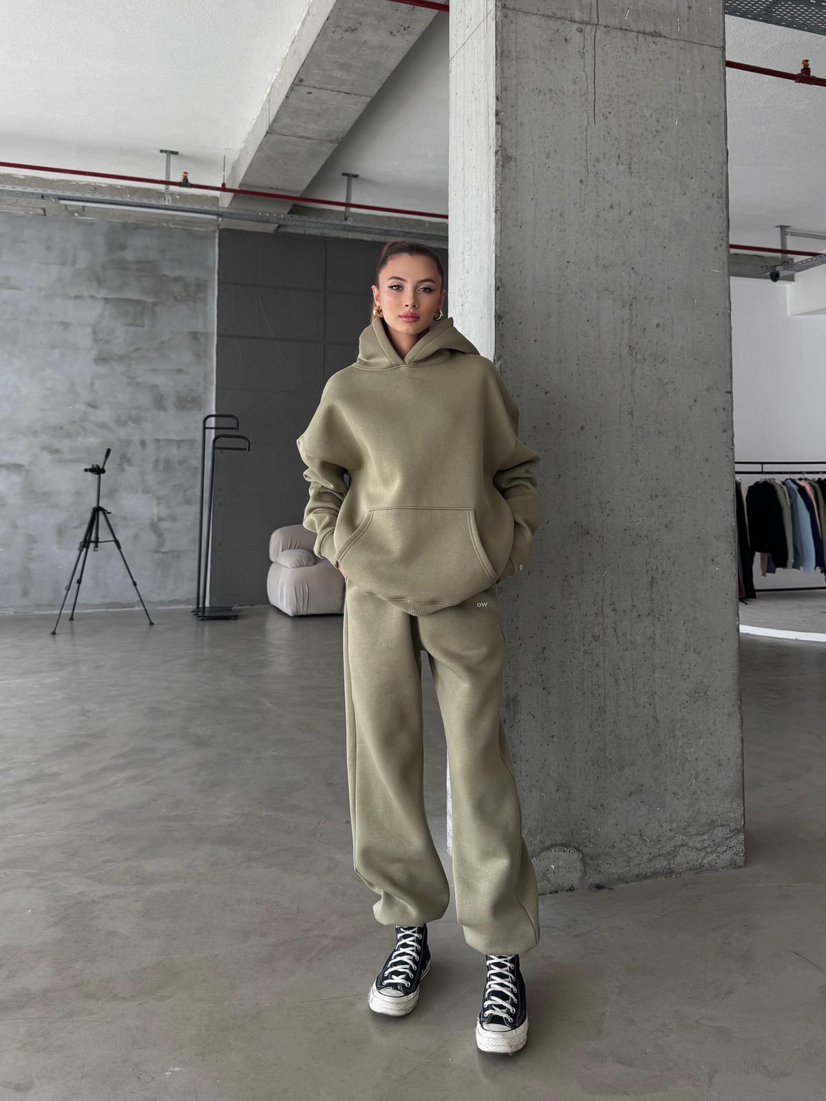 OW Kapüşonlu Oversize Yağ Yeşili Hoodie