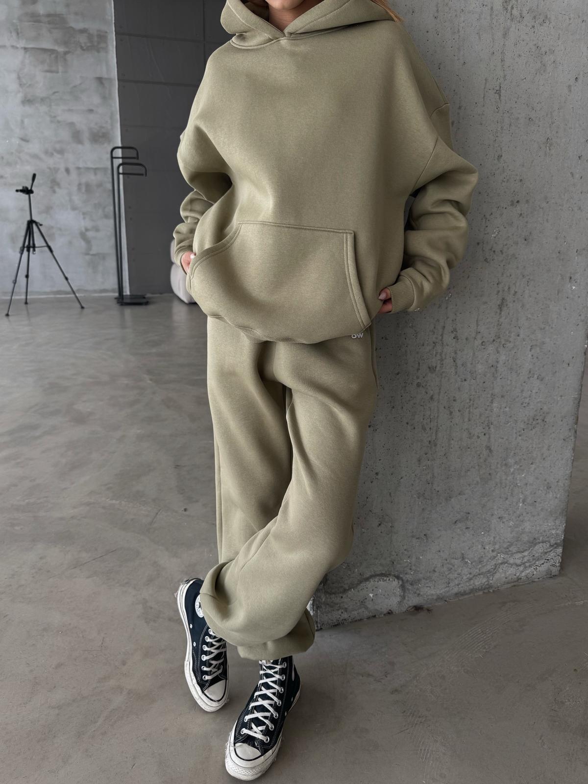 OW Kapüşonlu Oversize Yağ Yeşili Hoodie