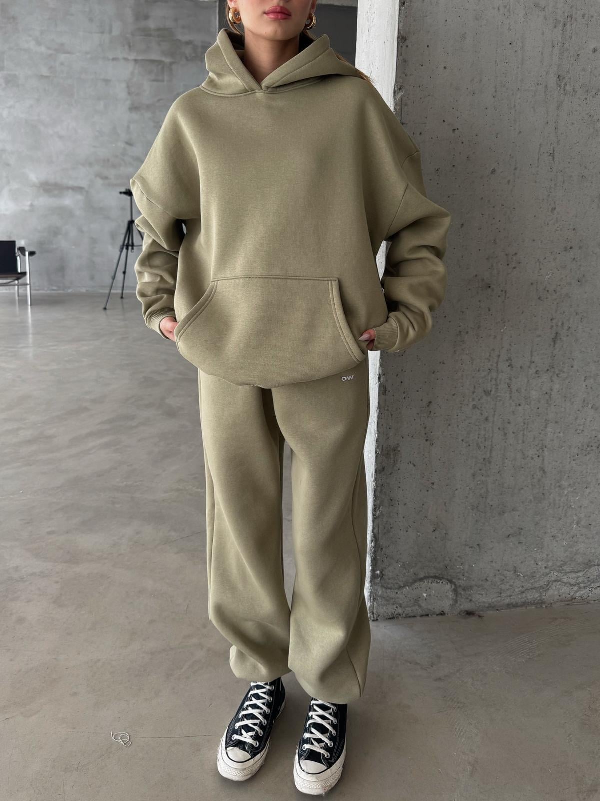 OW Kapüşonlu Oversize Yağ Yeşili Hoodie