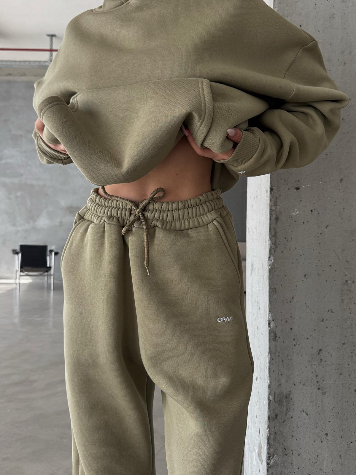 OW Kapüşonlu Oversize Yağ Yeşili Hoodie