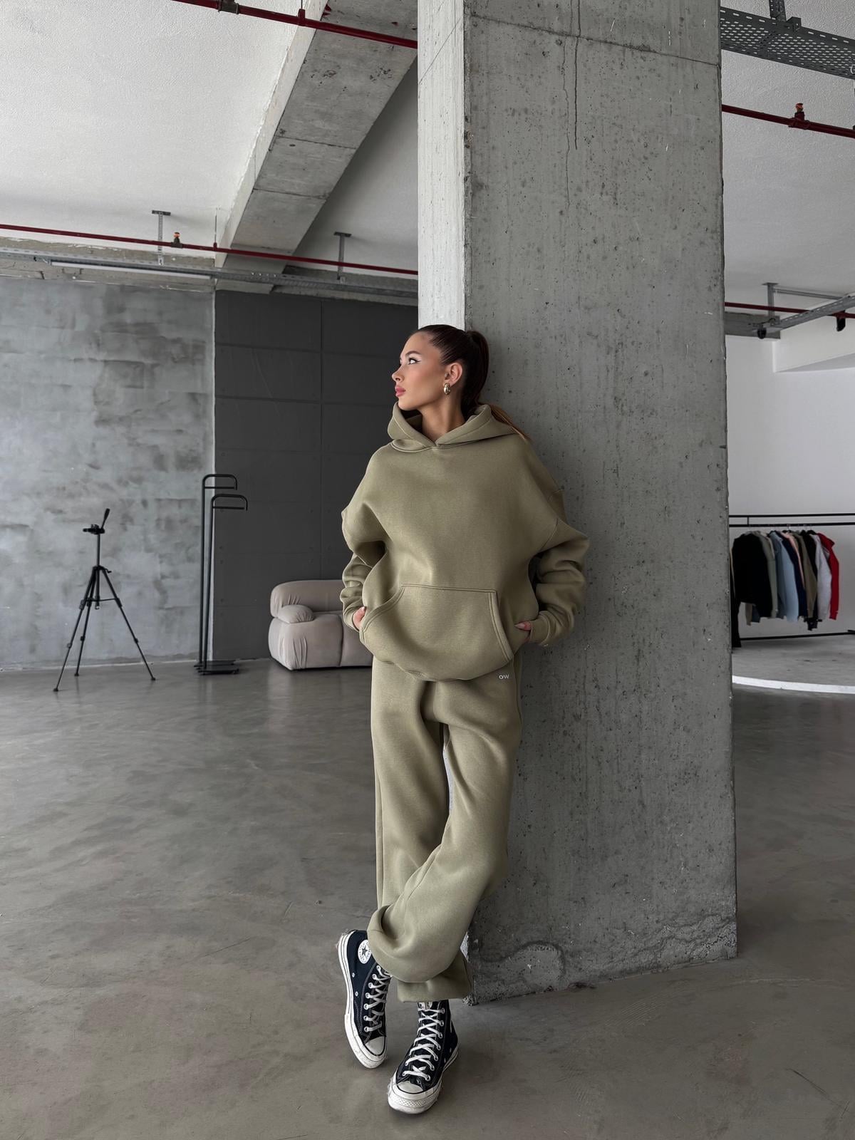 OW Kapüşonlu Oversize Yağ Yeşili Hoodie