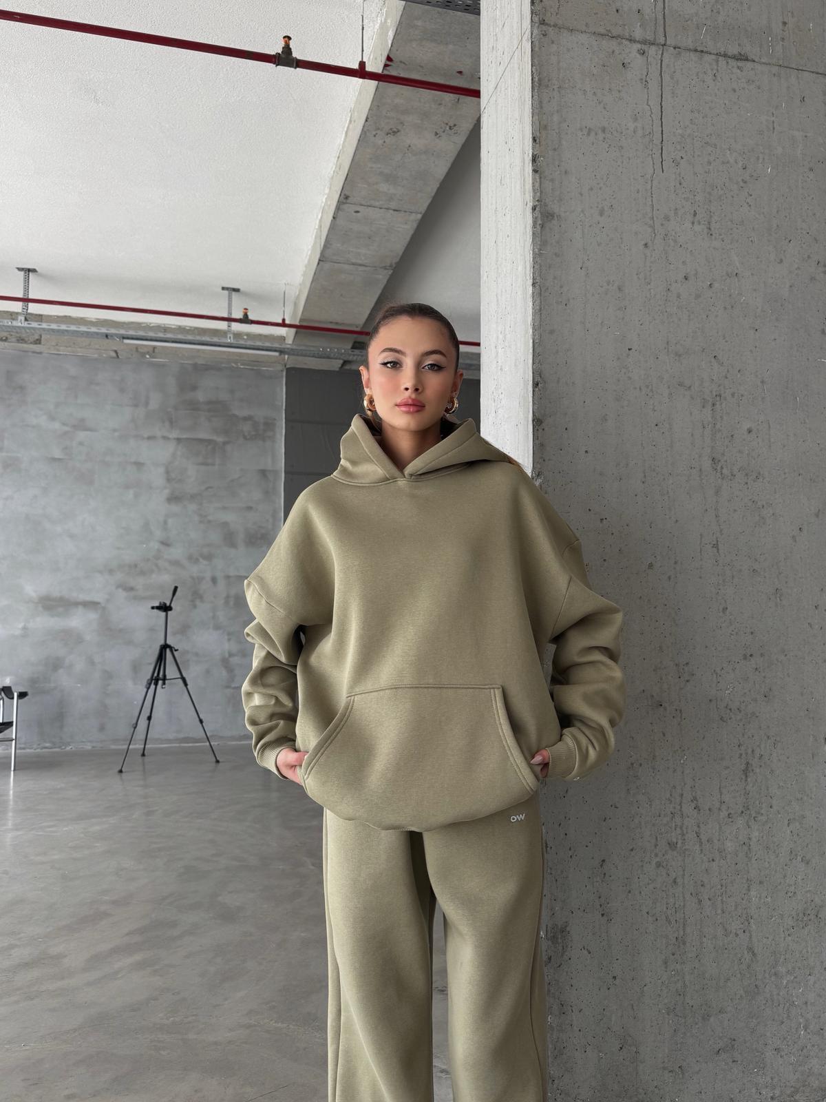 OW Kapüşonlu Oversize Yağ Yeşili Hoodie