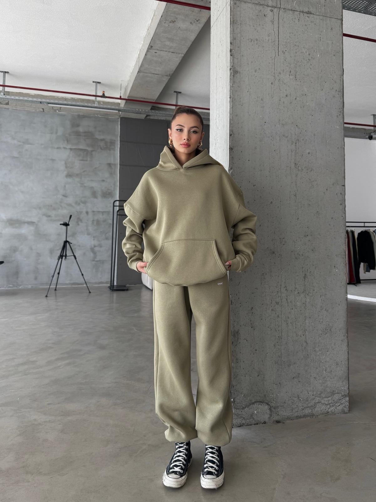 OW Kapüşonlu Oversize Yağ Yeşili Hoodie