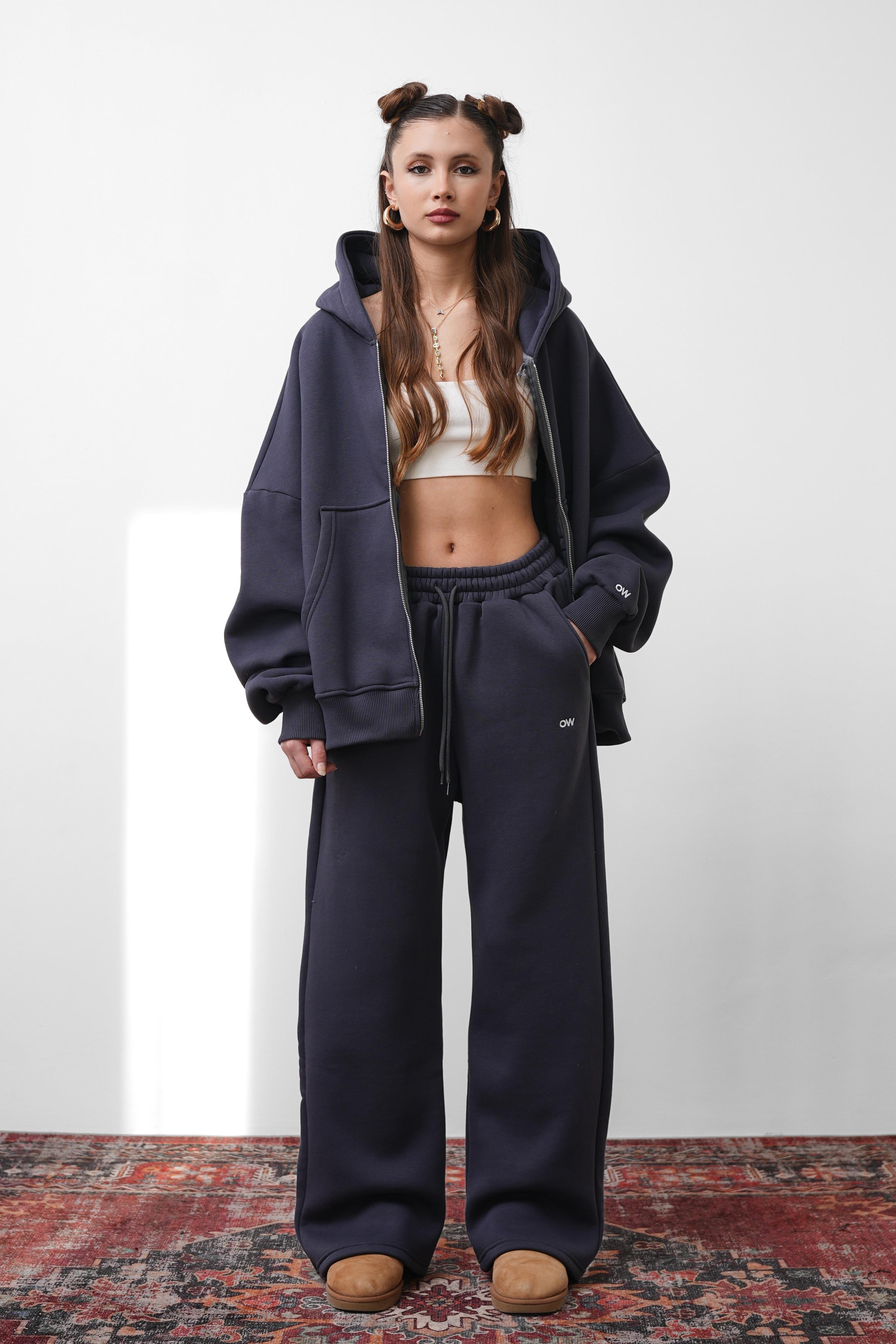 OW Oversize 3'lü Set Antrasit Paça Lastik+Düz Paça +Zip Takım