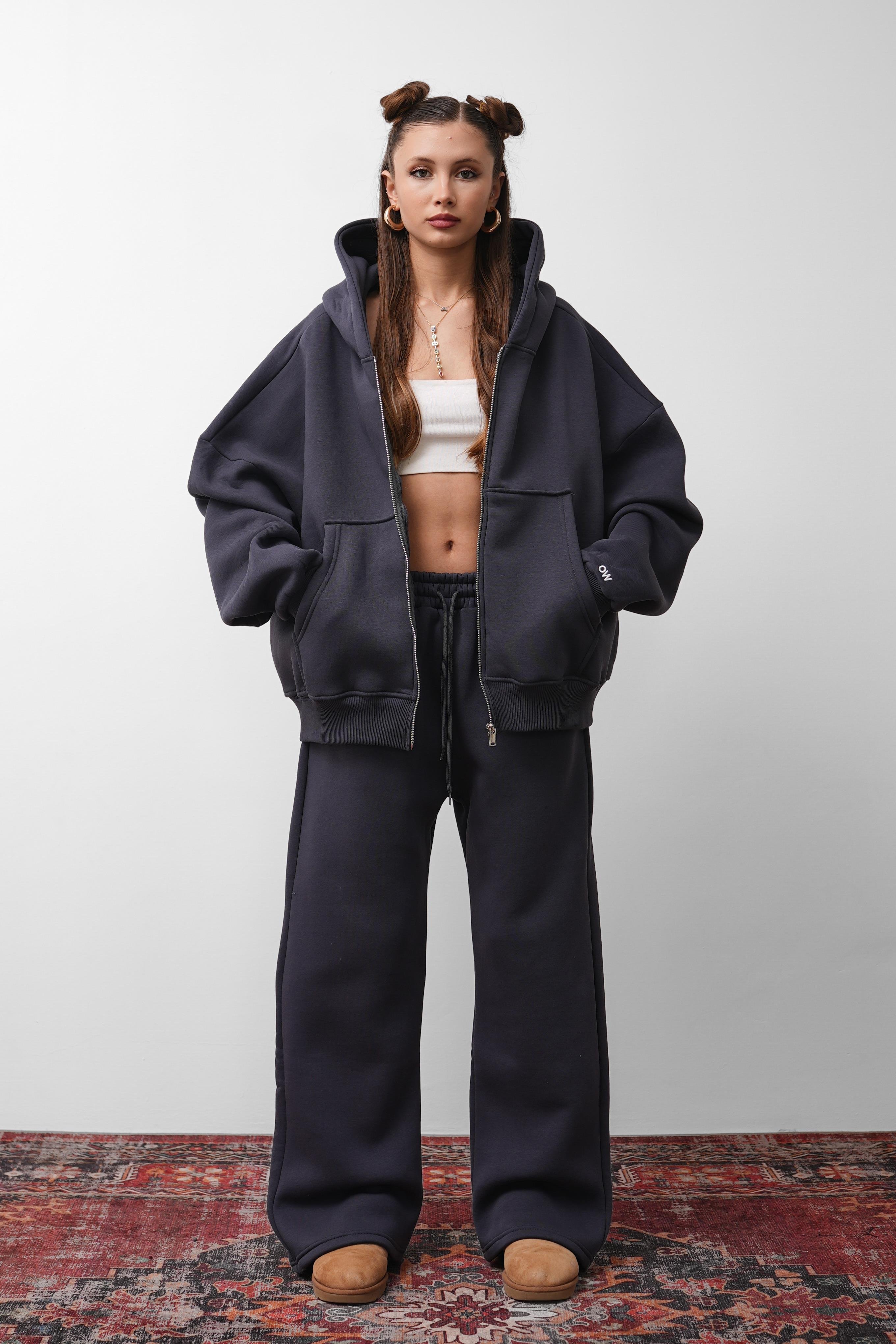 OW Oversize 3'lü Set Antrasit Paça Lastik+Düz Paça +Zip Takım