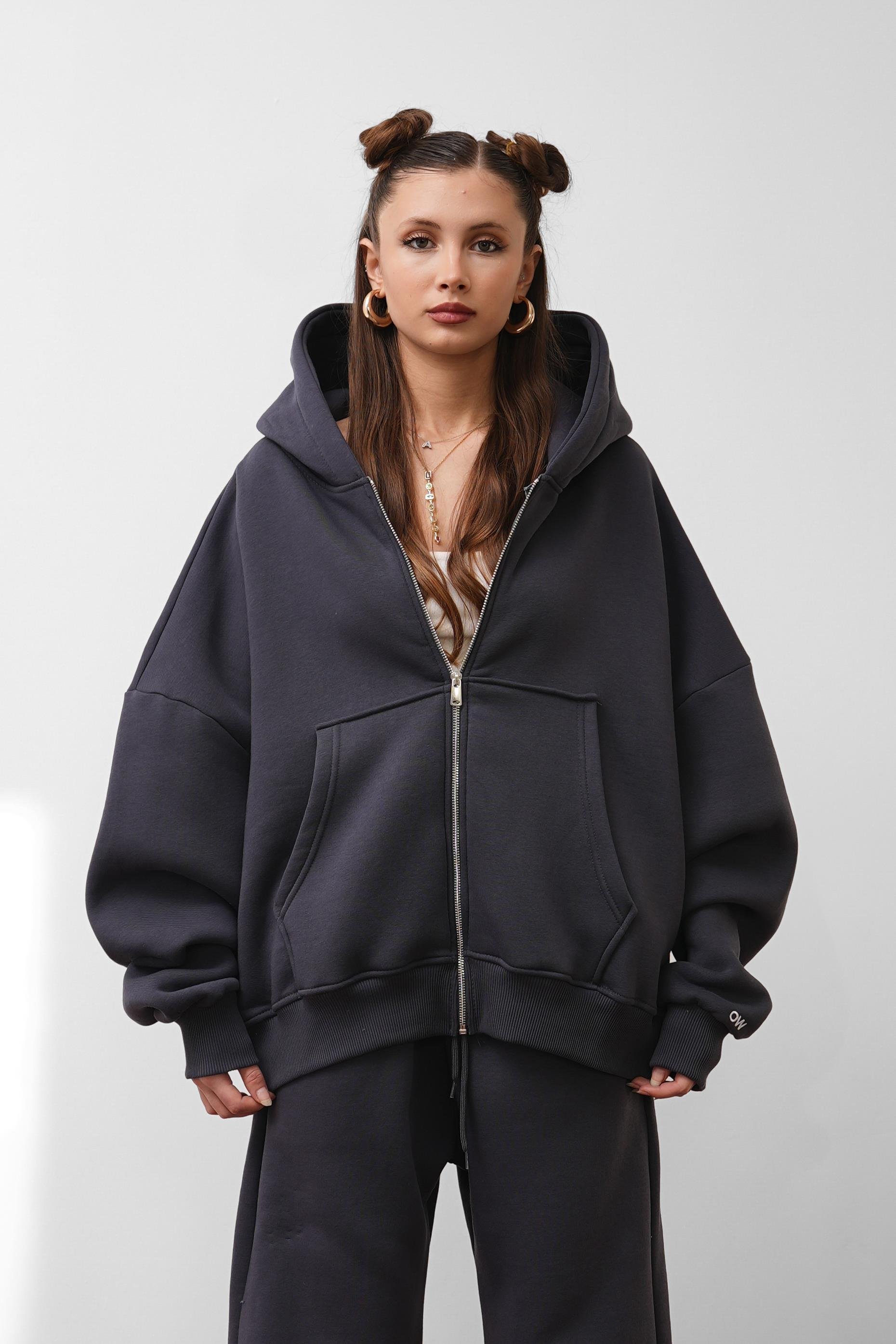 OW Oversize 3'lü Set Antrasit Paça Lastik+Düz Paça +Zip Takım