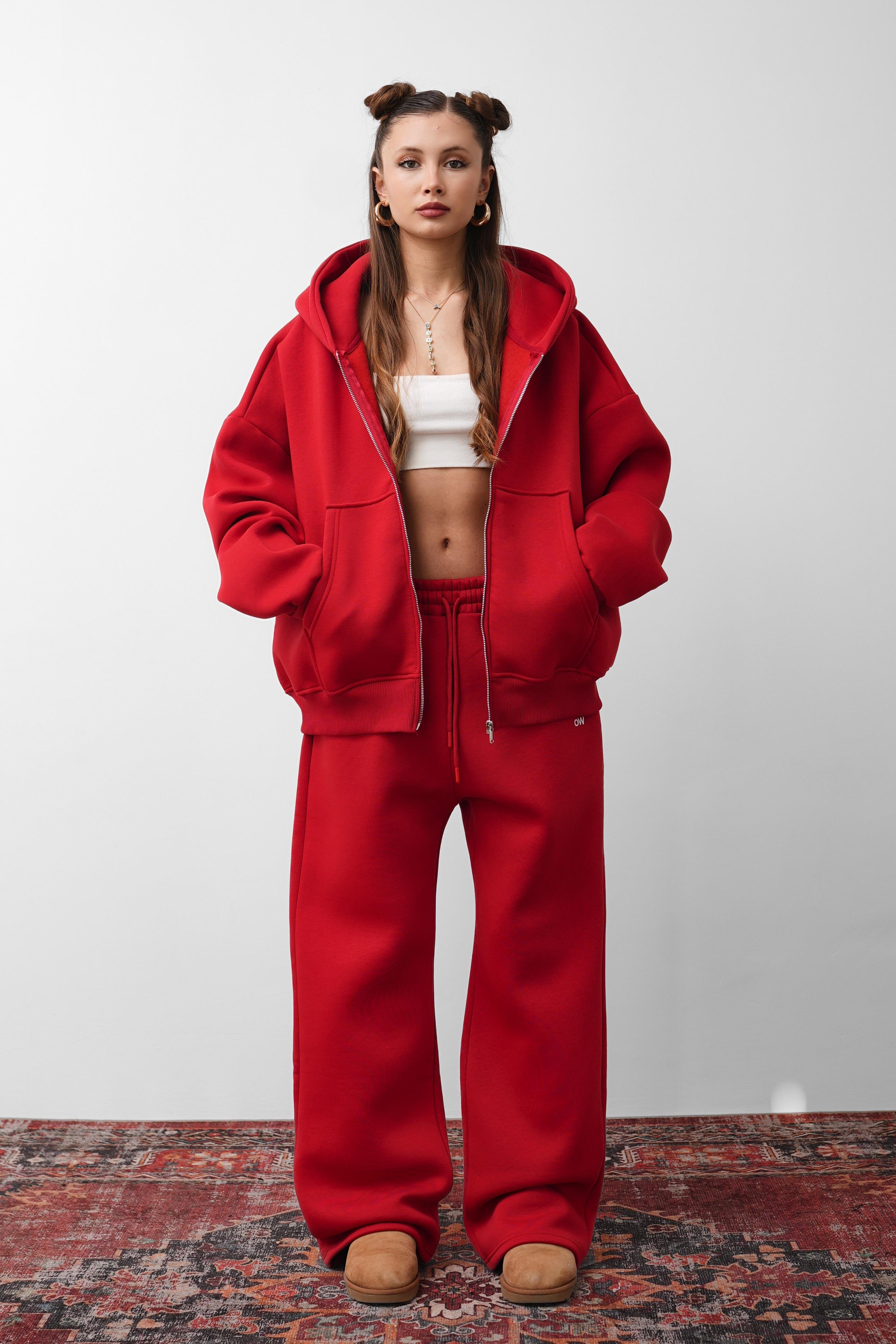 OW Oversize 3'lü Set Kırmızı Paça Lastik+Düz Paça +Zip Takım