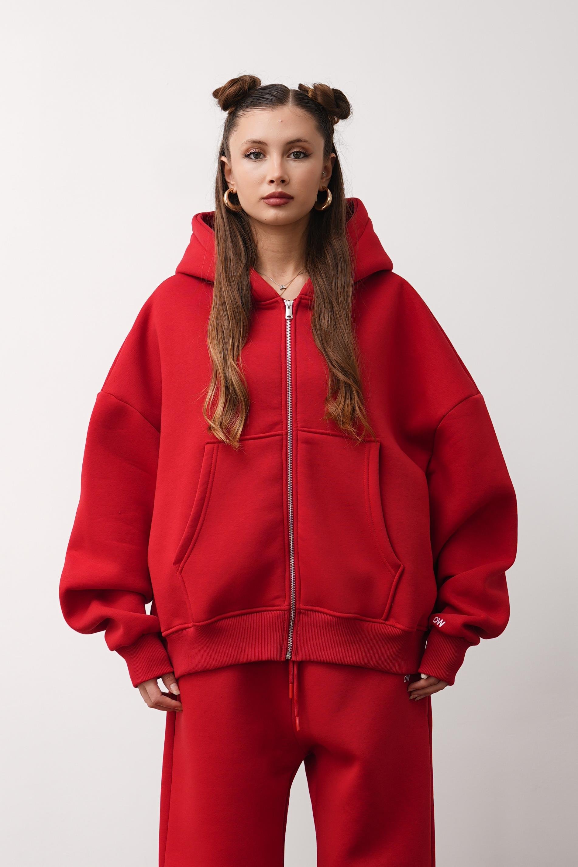 OW Oversize 3'lü Set Kırmızı Paça Lastik+Düz Paça +Zip Takım