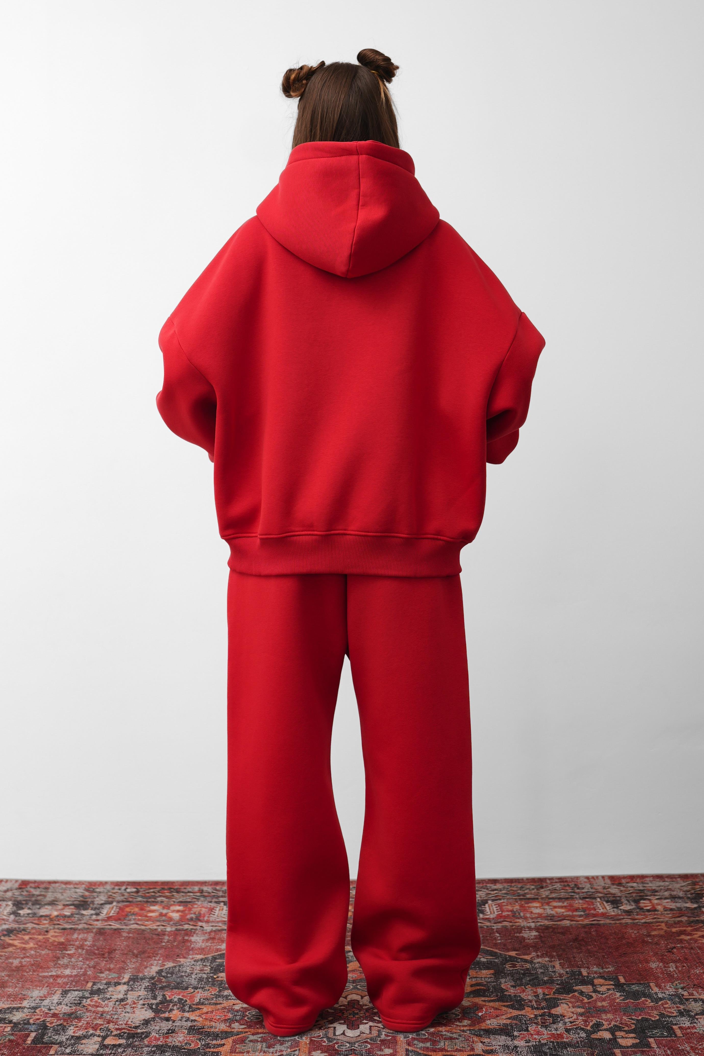 OW Oversize 3'lü Set Kırmızı Paça Lastik+Düz Paça +Zip Takım