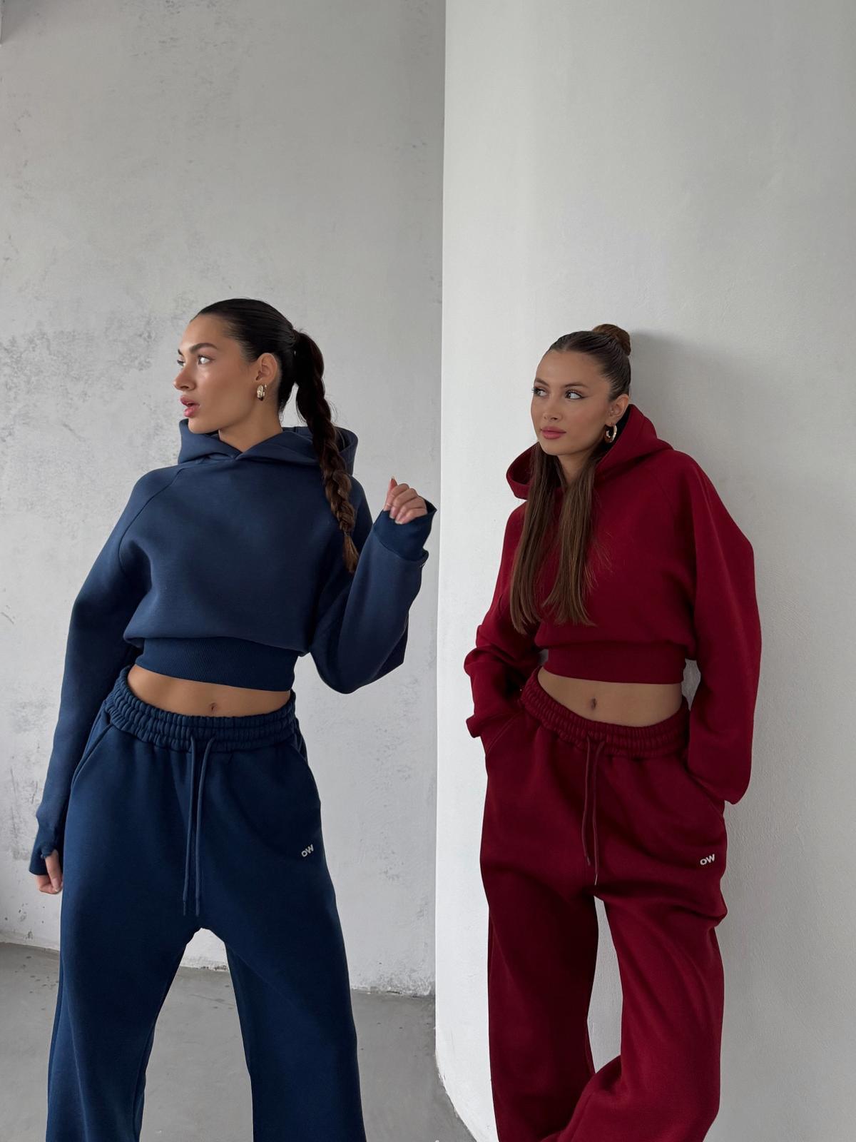 OW  Parmak Geçmeli Kapüşonlu Crop Lacivert Sweatshirt 