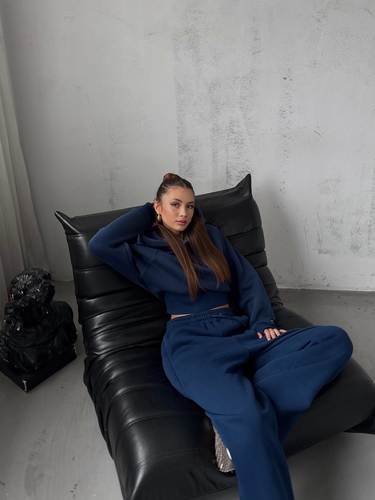 OW  Parmak Geçmeli Kapüşonlu Crop Lacivert Sweatshirt 