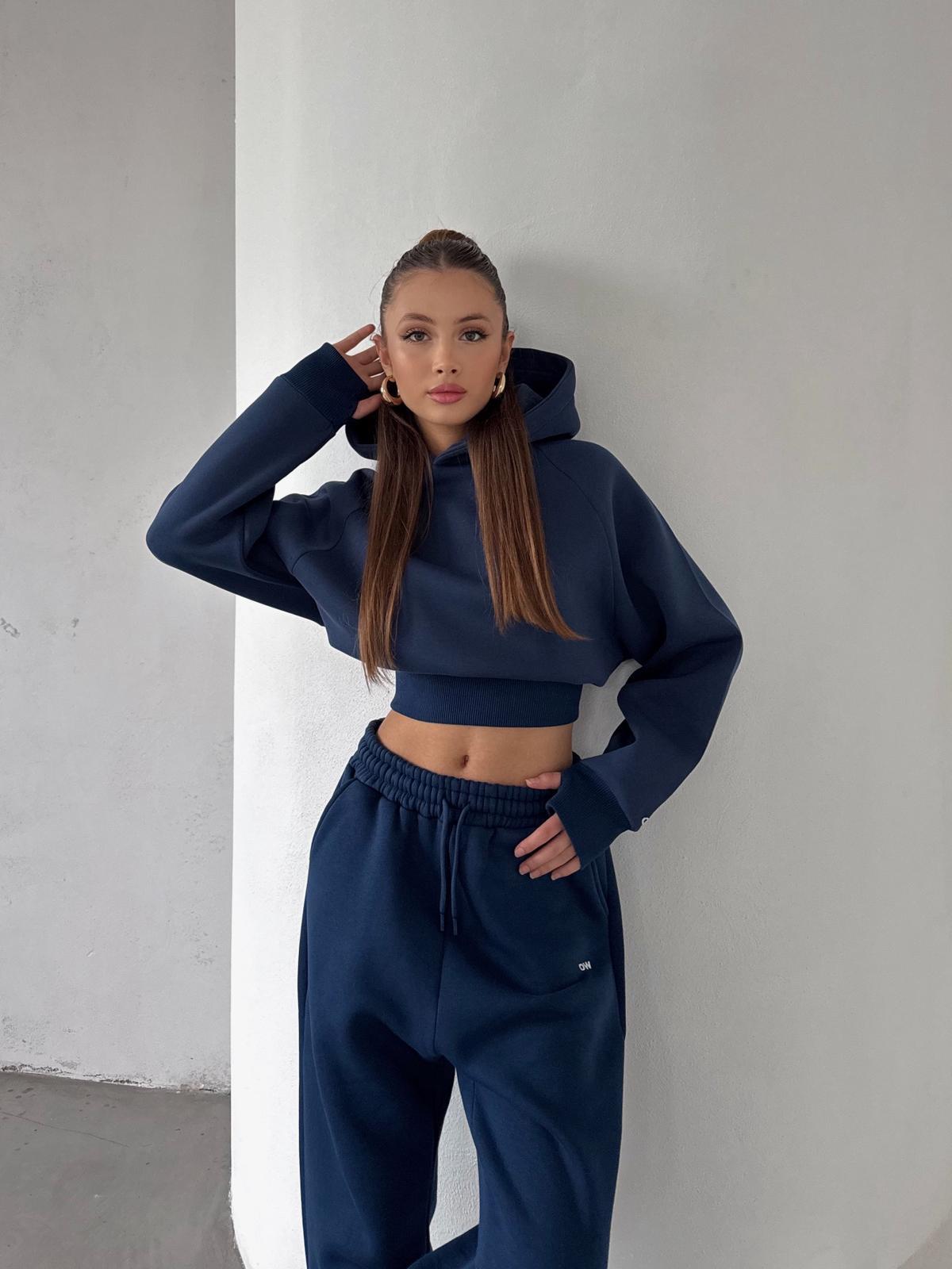 OW  Parmak Geçmeli Kapüşonlu Crop Lacivert Sweatshirt 