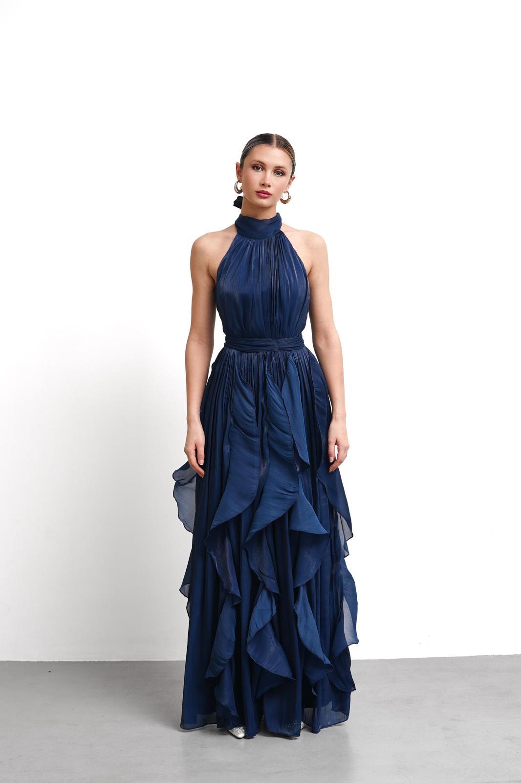 OWNIGHT Doris Halter Yaka Volanlı Yırtmaç Detay Şifon Lacivert Uzun Abiye 