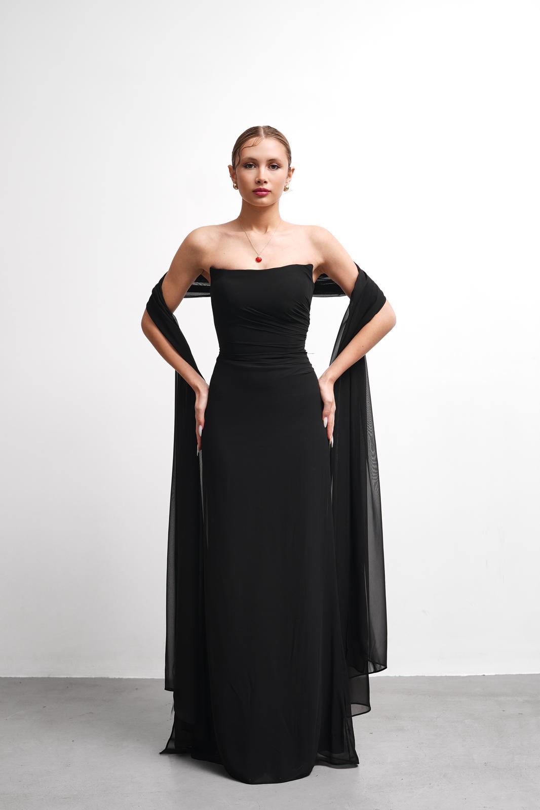 OWNIGHT FinesS Straplez Drape Detay Fularlı Siyah Uzun Abiye 
