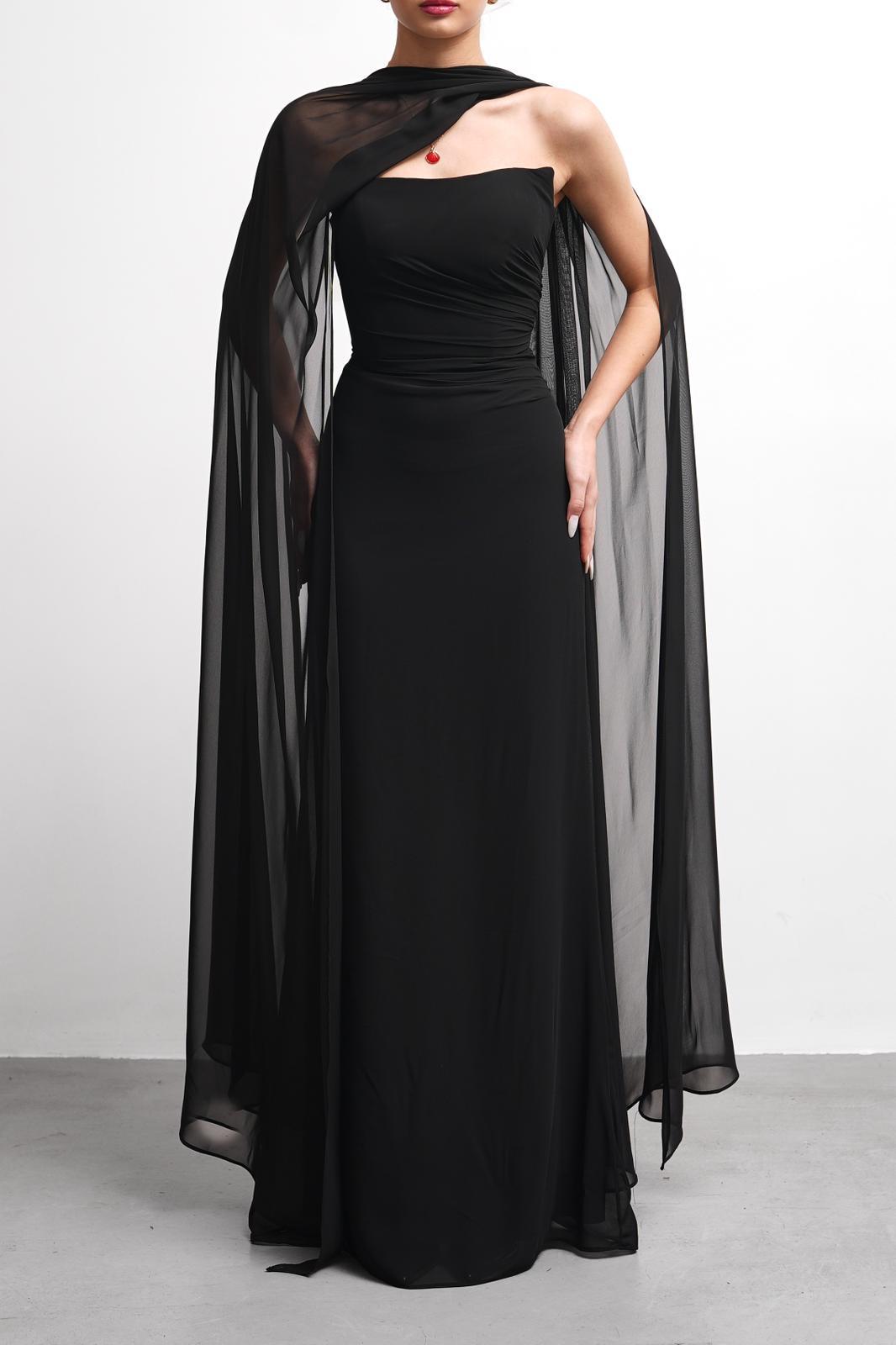 OWNIGHT FinesS Straplez Drape Detay Fularlı Siyah Uzun Abiye 