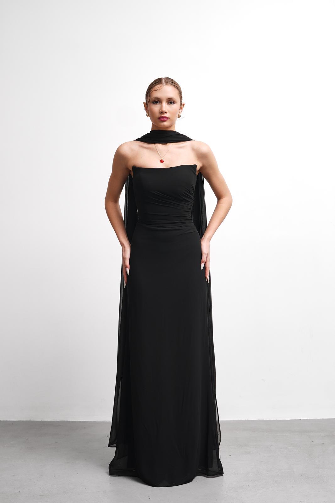 OWNIGHT FinesS Straplez Drape Detay Fularlı Siyah Uzun Abiye 