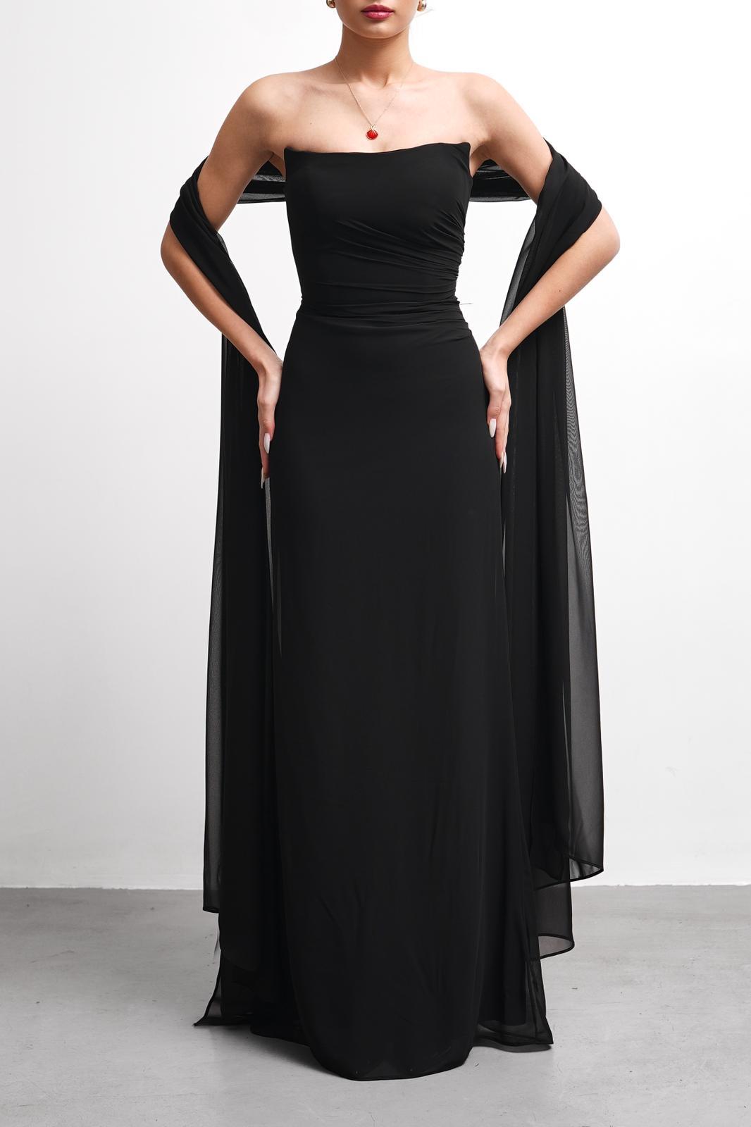OWNIGHT FinesS Straplez Drape Detay Fularlı Siyah Uzun Abiye 