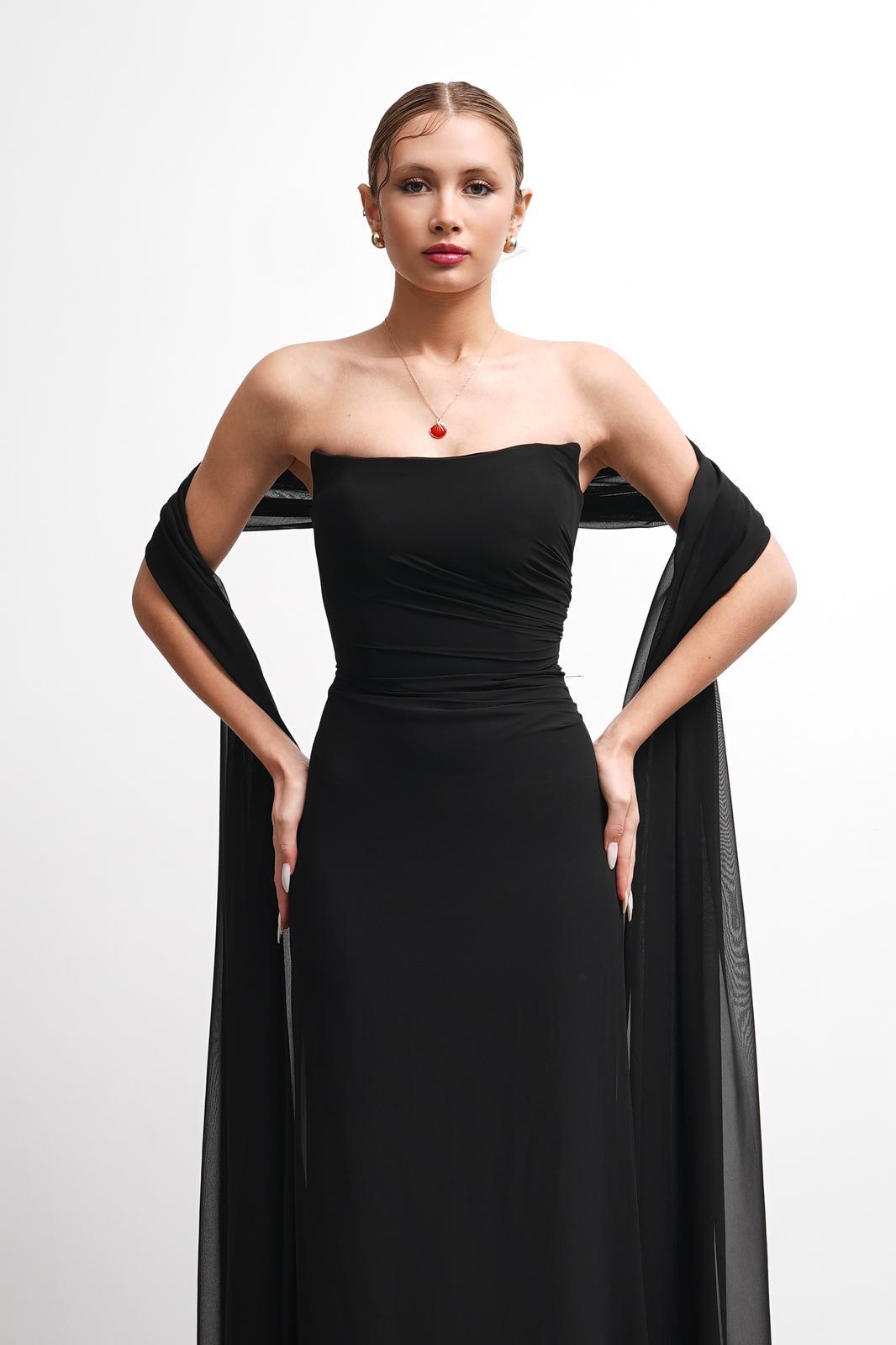 OWNIGHT FinesS Straplez Drape Detay Fularlı Siyah Uzun Abiye 