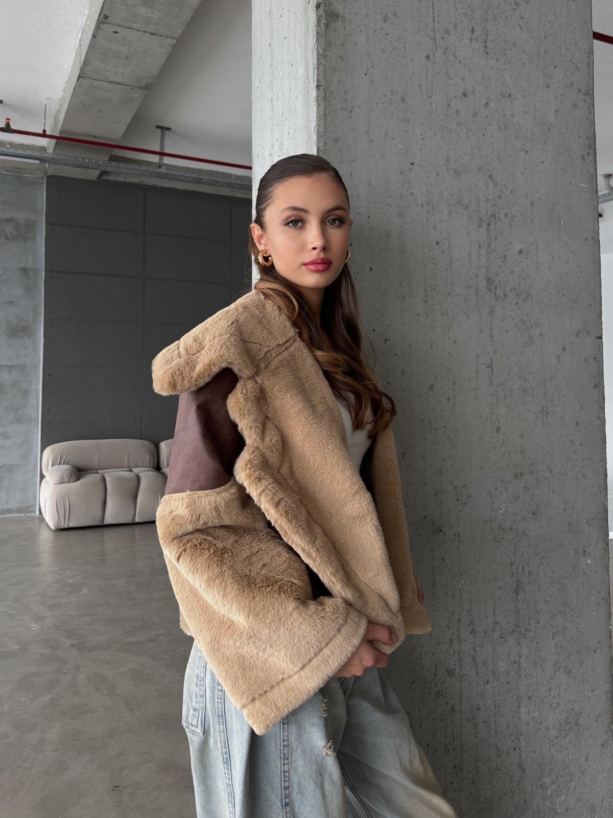 Ranira Geniş Yaka Kol Peluş Süet Eskitme Kahve-Bej Mont